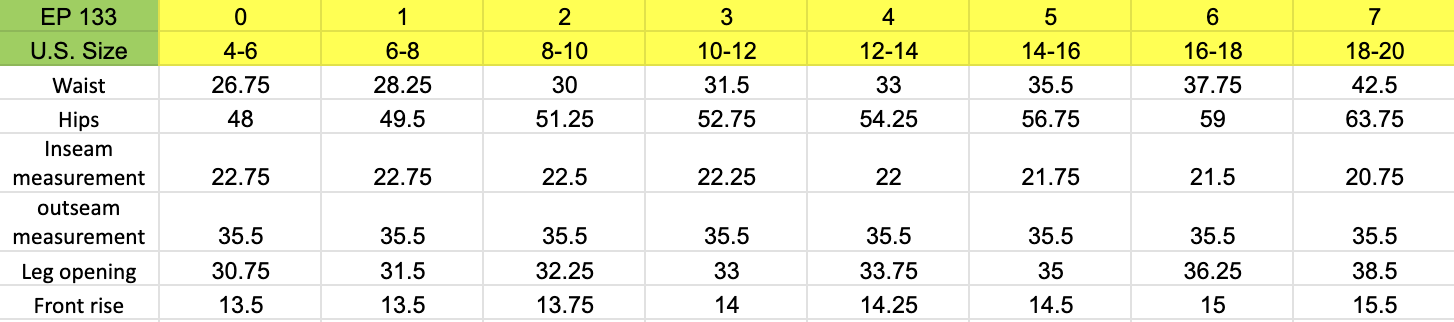 Size chart