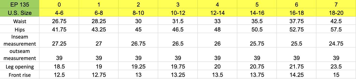 Size chart