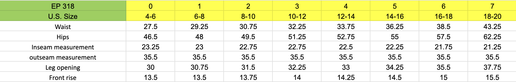 Size chart