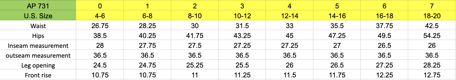 Size chart