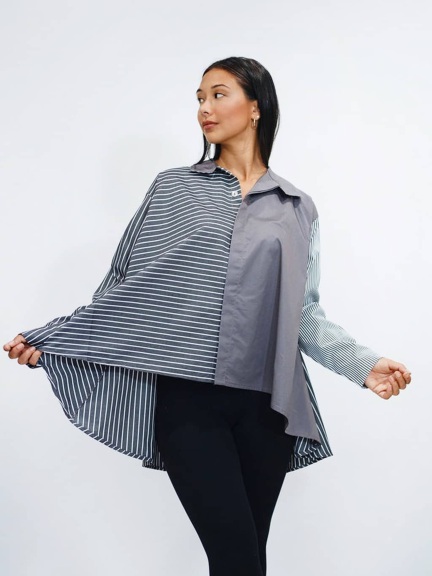 Cotton Asymmetric Stripe Shirt by Planet by Lauren G