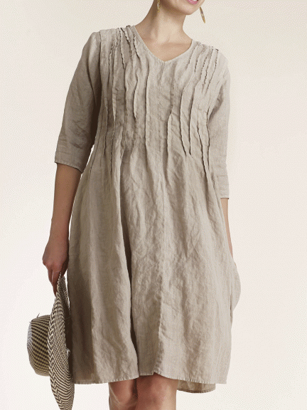 Dress w Tuck Pleats 3/4 Sleeve by Luna Luz