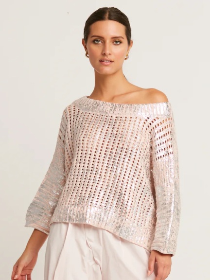 Metallic Crochet Boatneck Sweater by Planet by Lauren G