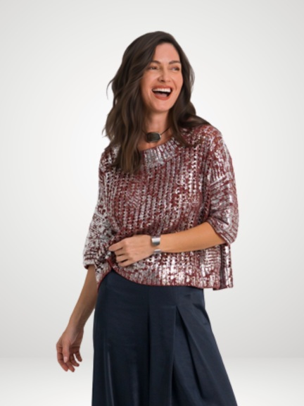Metallic Crochet Boatneck Sweater by Planet by Lauren G
