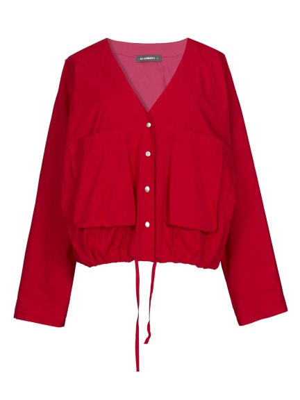 Red V-neck Blouson Jacket by Alembika