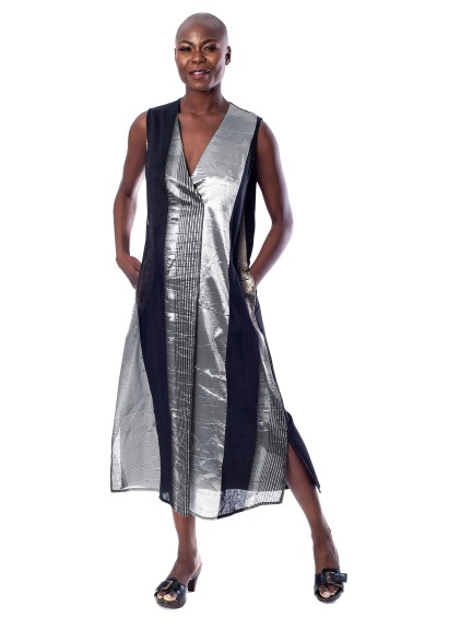 V-Neck Shimmer Stripe Midi Dress by Alembika