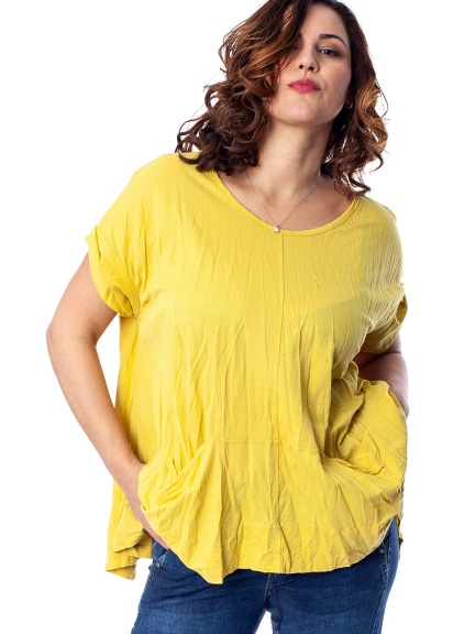 Yellow Crinkle Tee with Pockets by Alembika