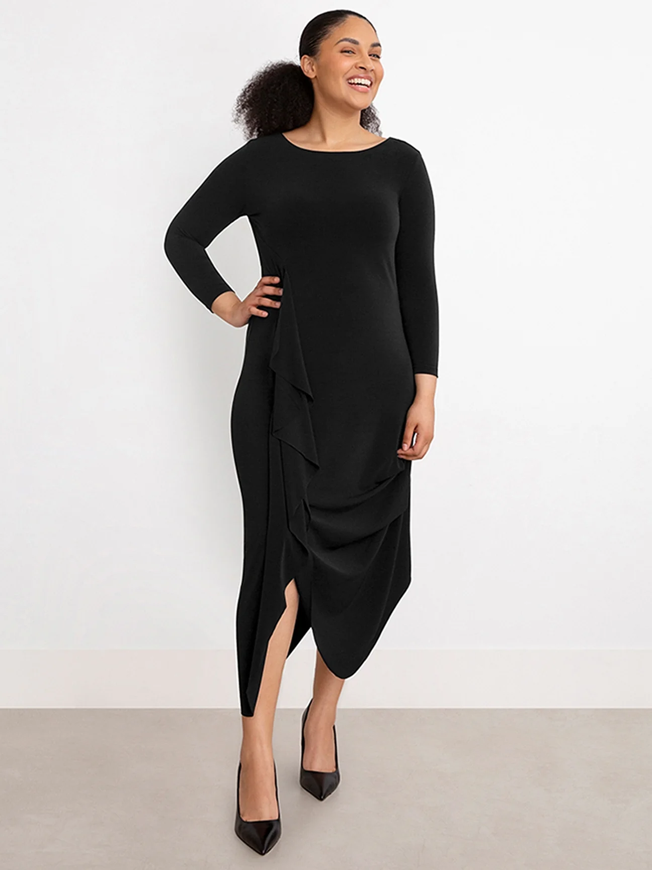 3/4 Sleeve Drama Dress in Black