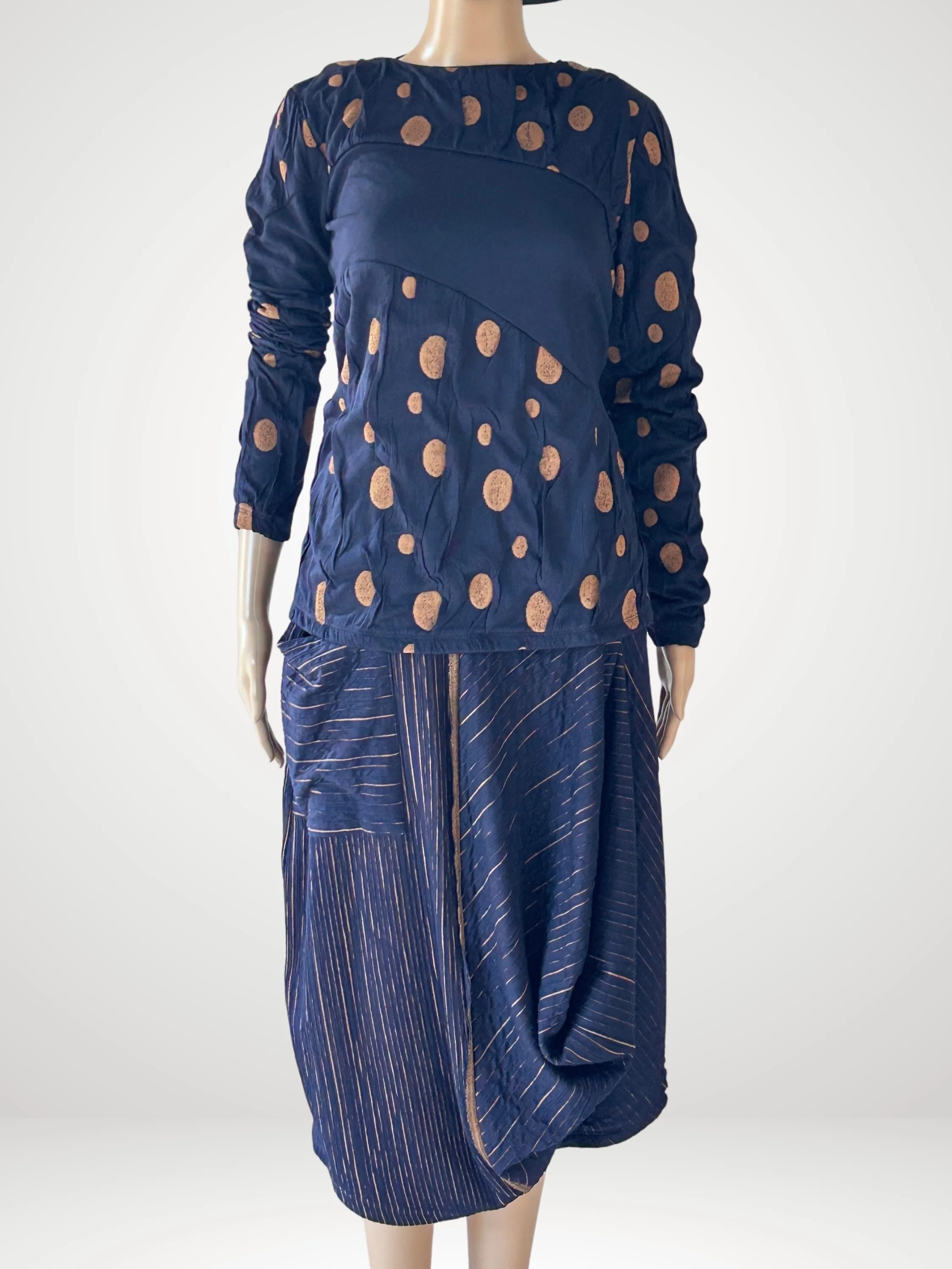 Asymmetric Panel Skirt in Blue/Mustard