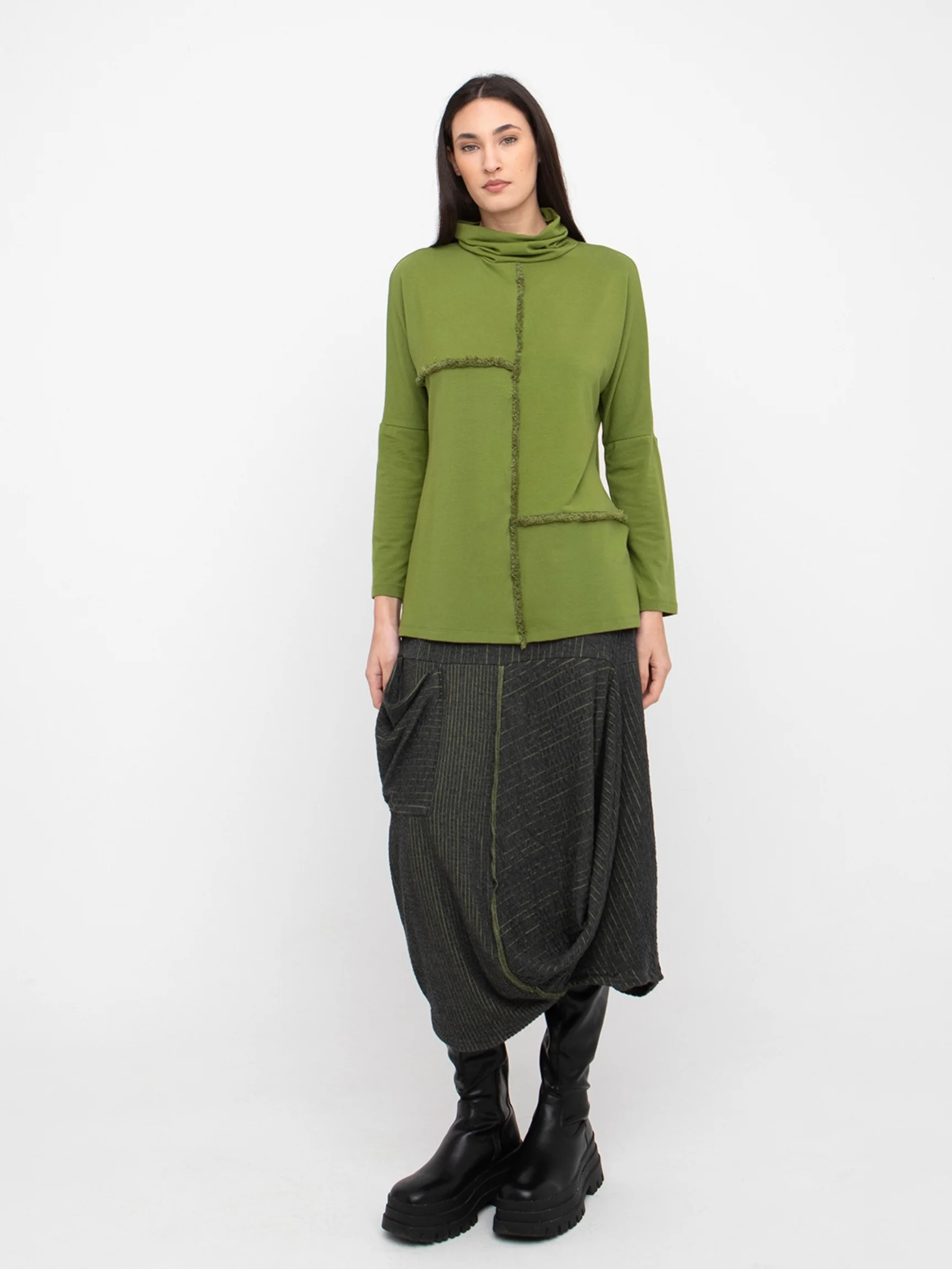 Asymmetric Panel Skirt in Grey/Green
