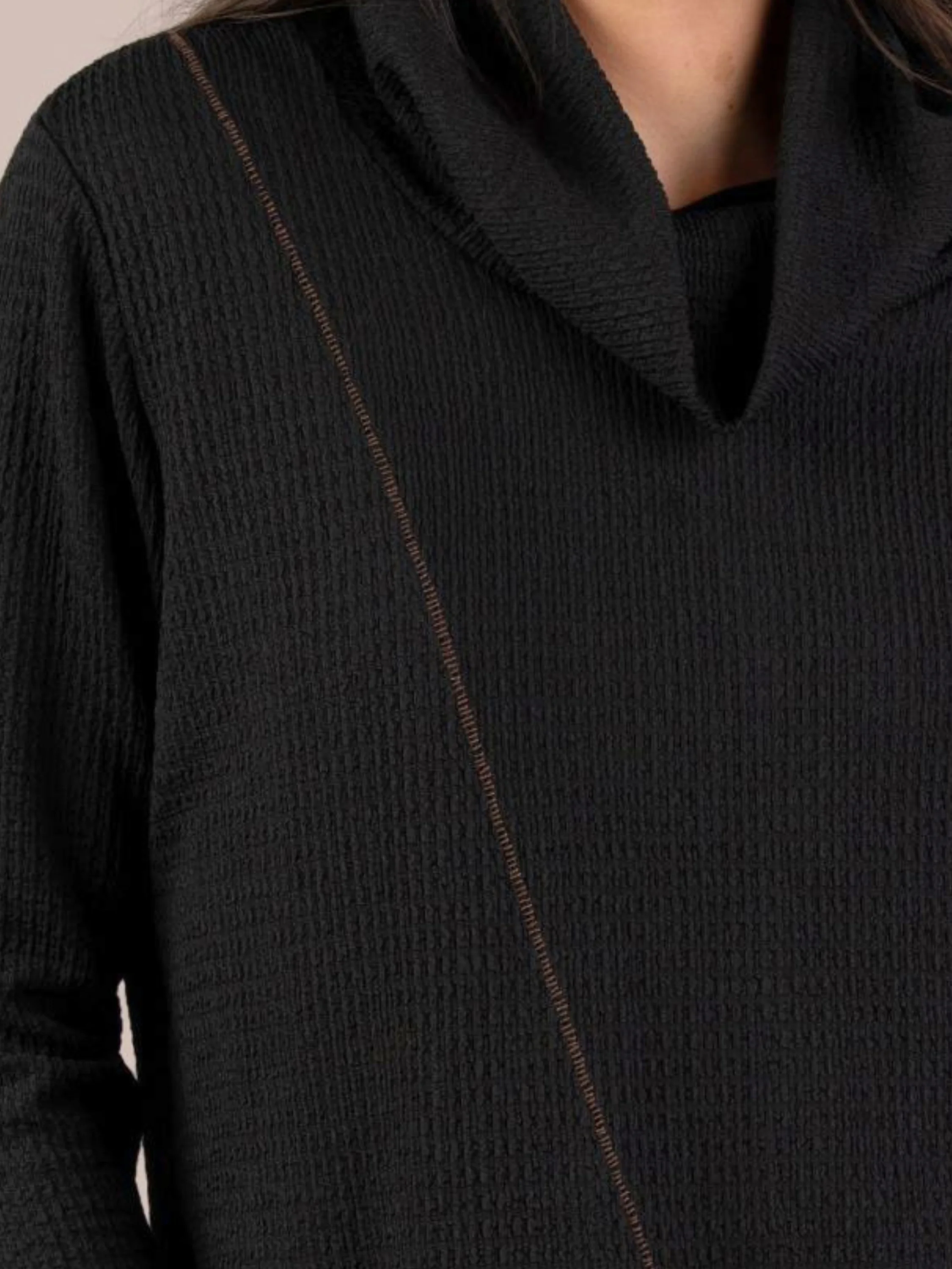 Cowl Neck Top in Black/Cinnamon Stitching