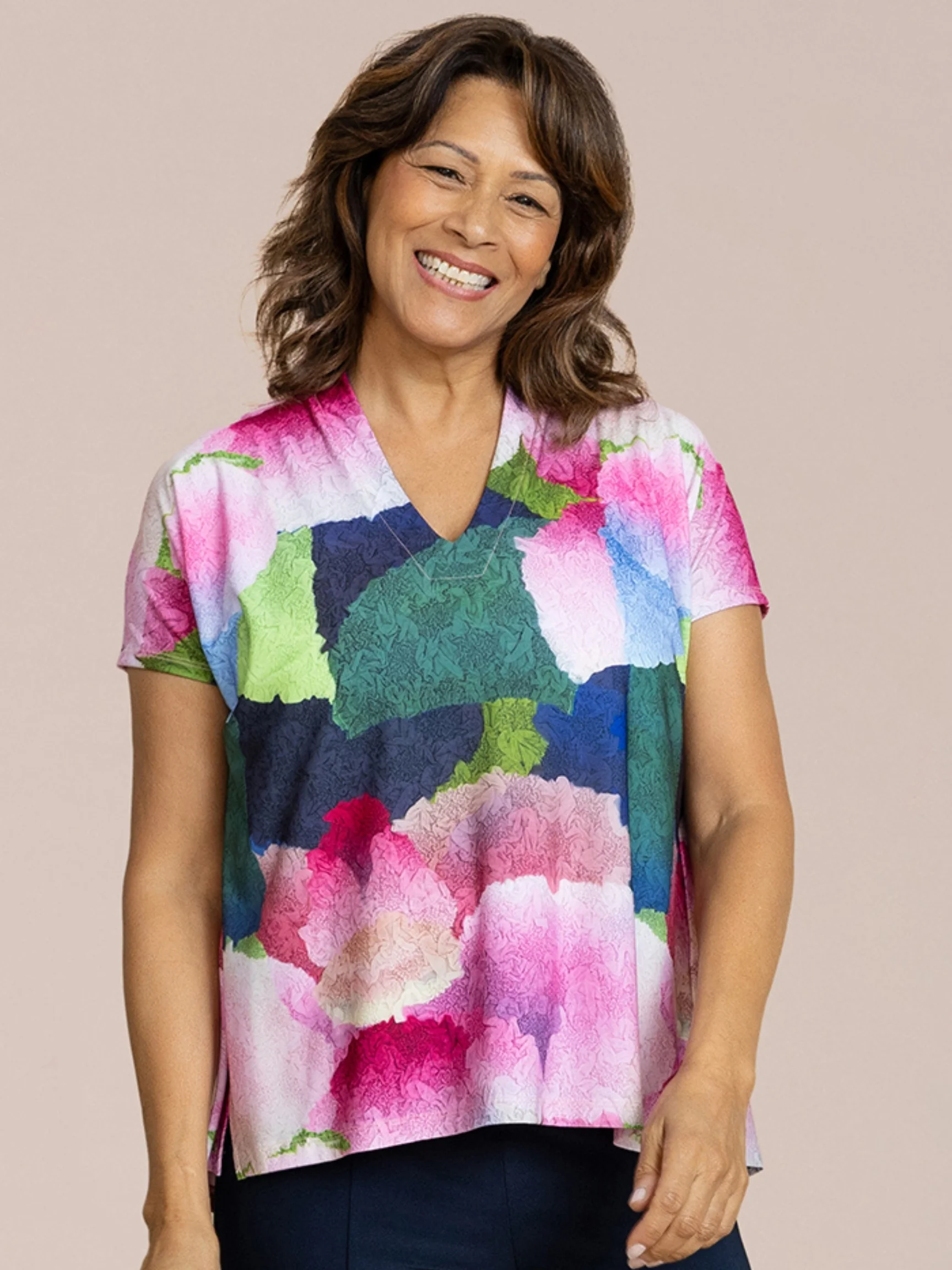 Deep V Top Print Short Slv in Petal Poetry