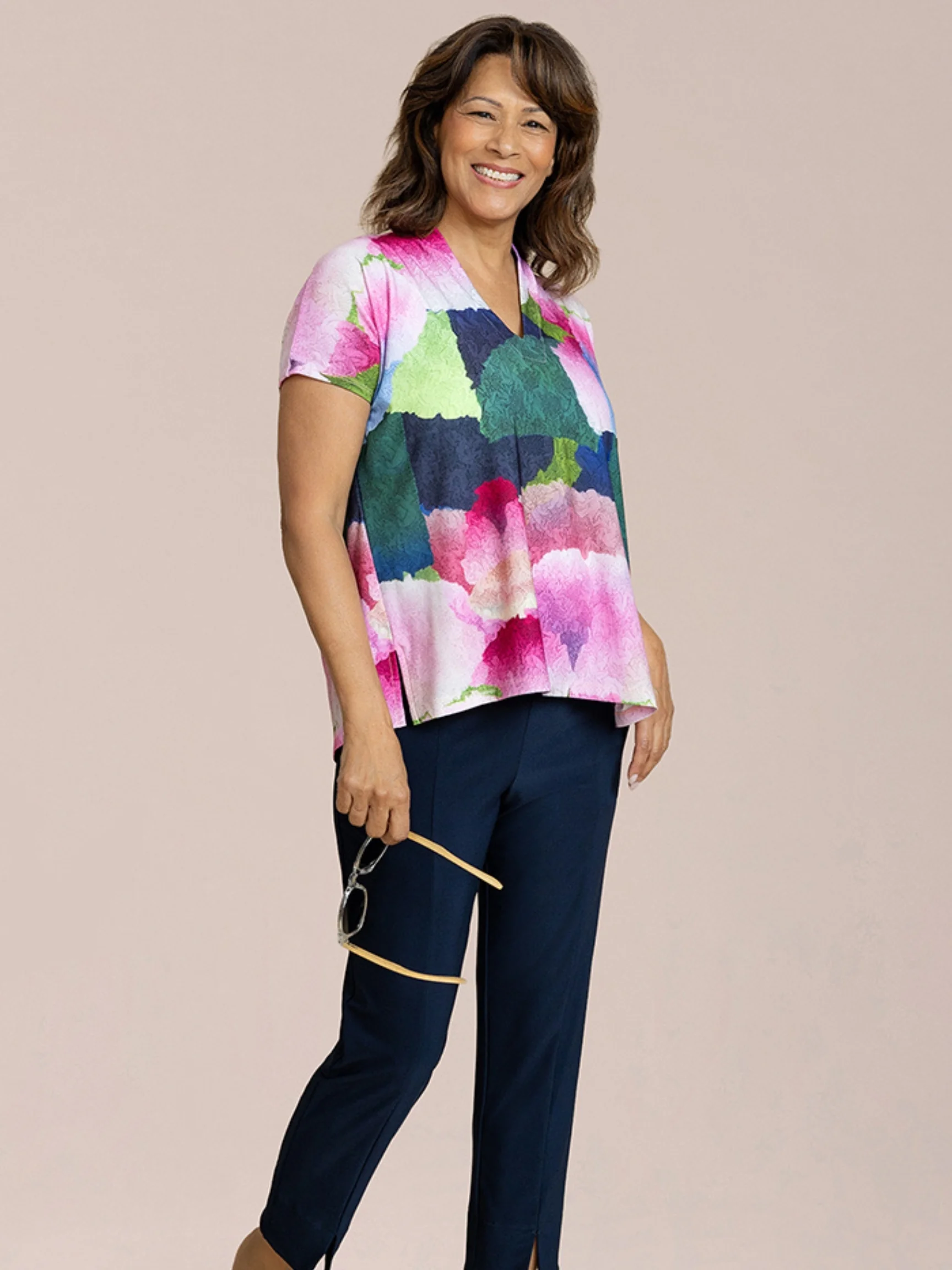 Deep V Top Print Short Slv in Petal Poetry