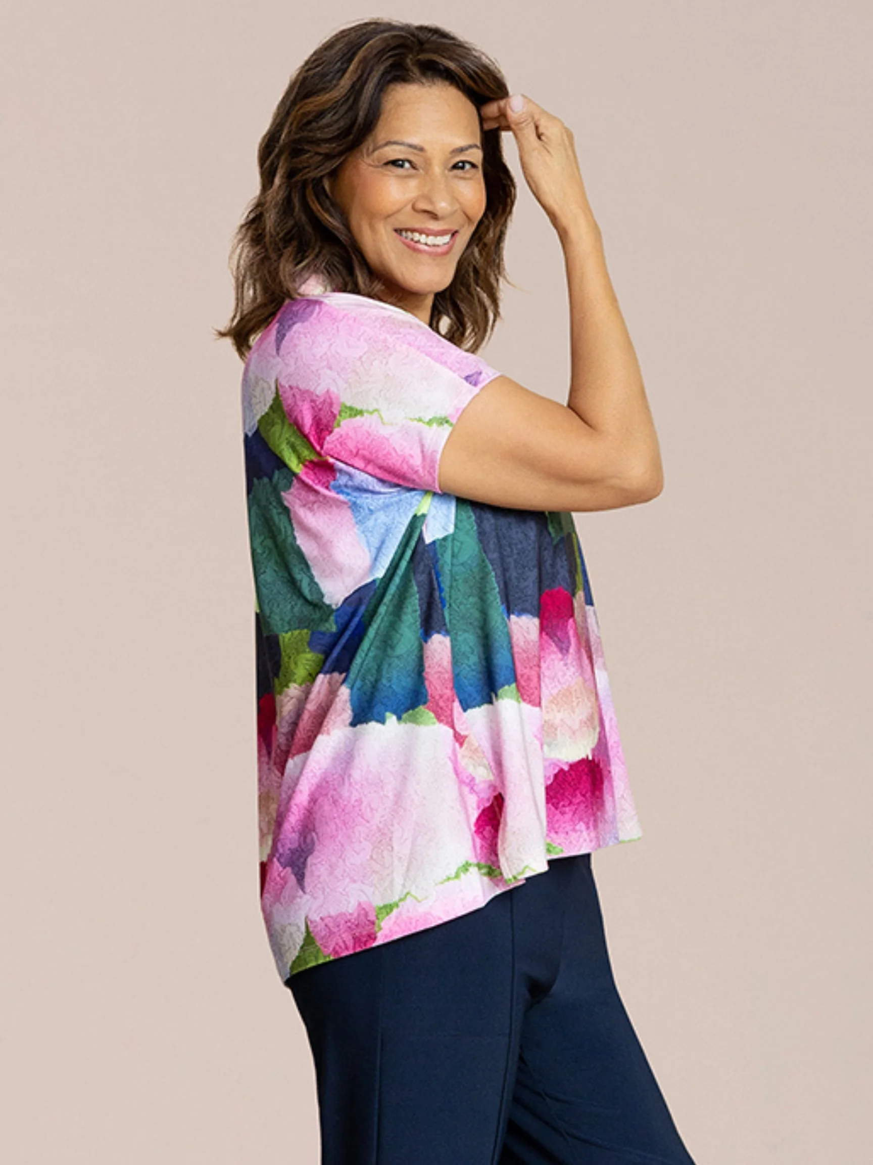 Deep V Top Print Short Slv in Petal Poetry