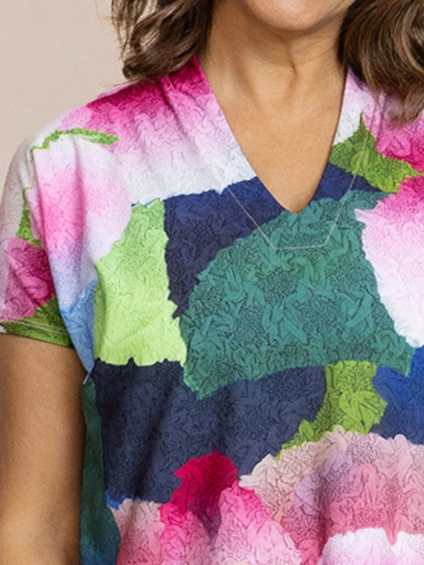Deep V Top Print Short Slv in Petal Poetry