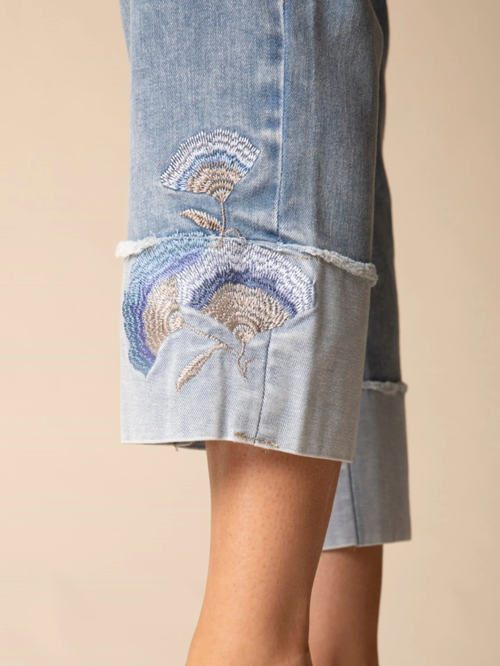 Embroid Cuff Capri in Light Denim