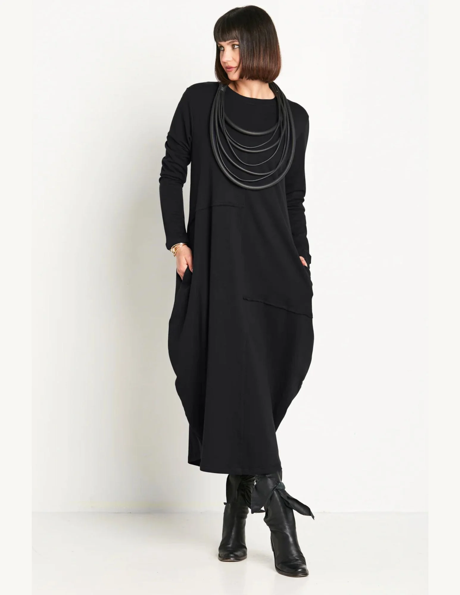 French Terry Bubble Dress in Black