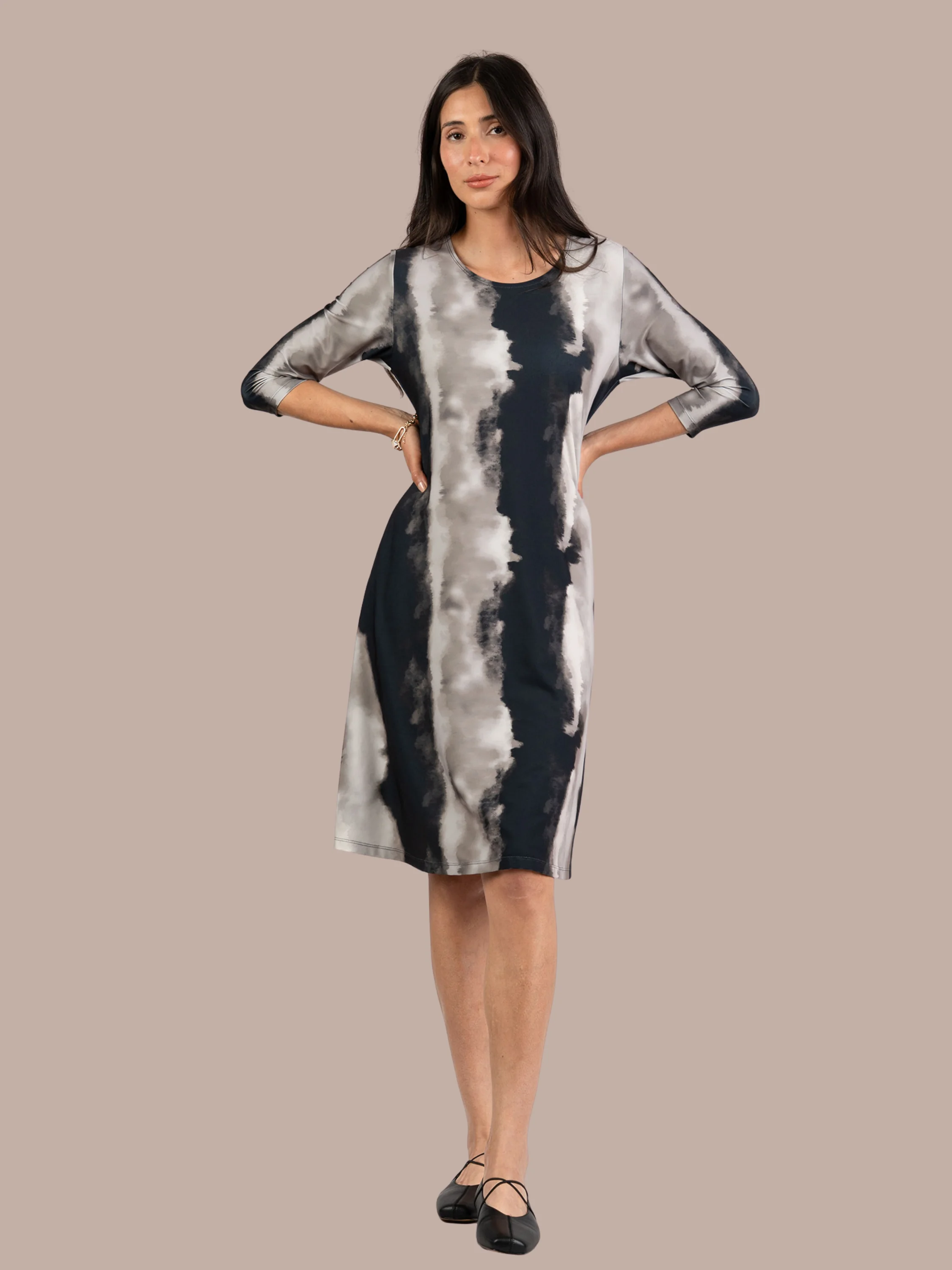 Go To Trapeze Dress 3/4 Sleeve in Graphite Watercolor