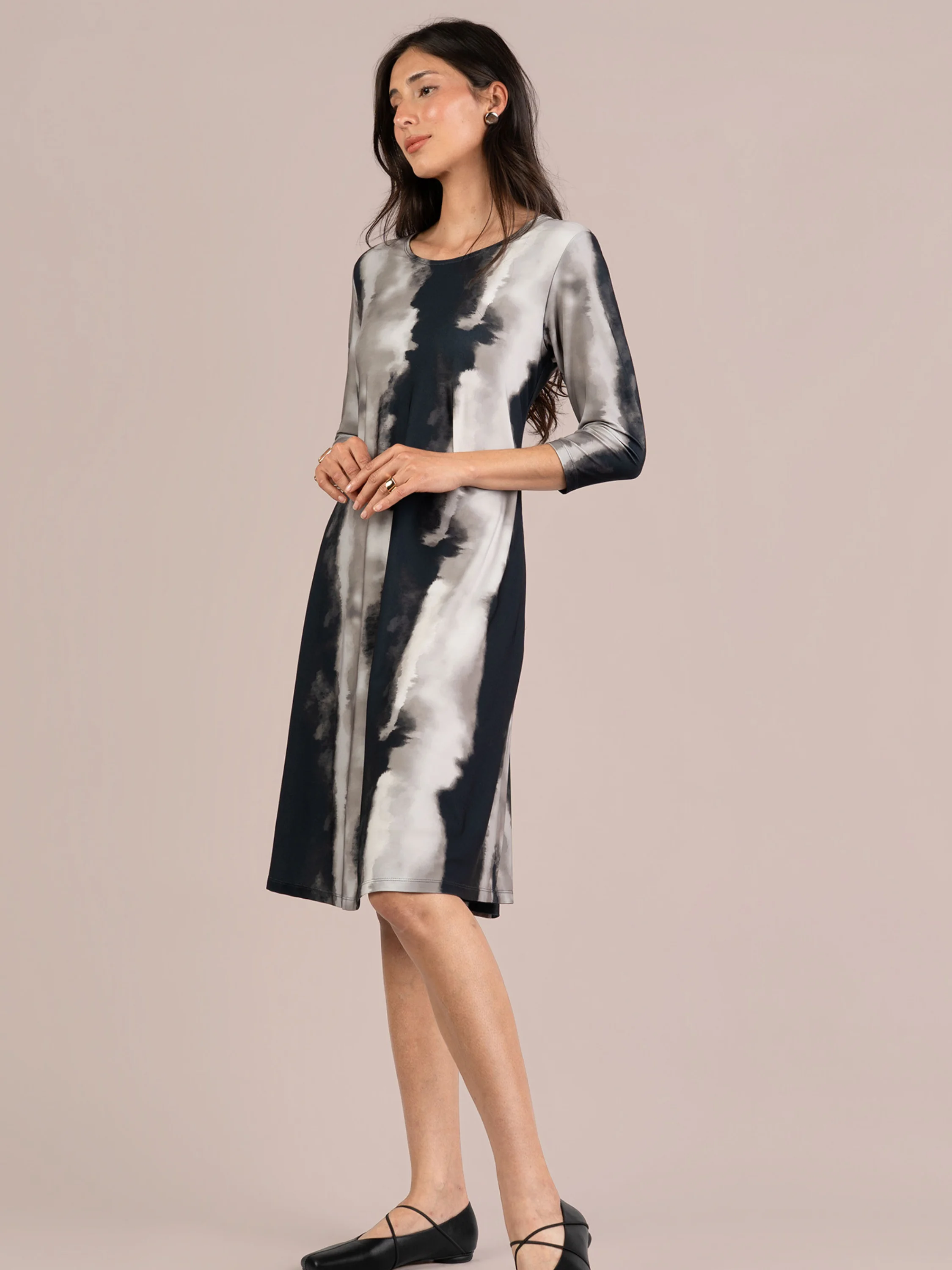 Go To Trapeze Dress 3/4 Sleeve in Graphite Watercolor