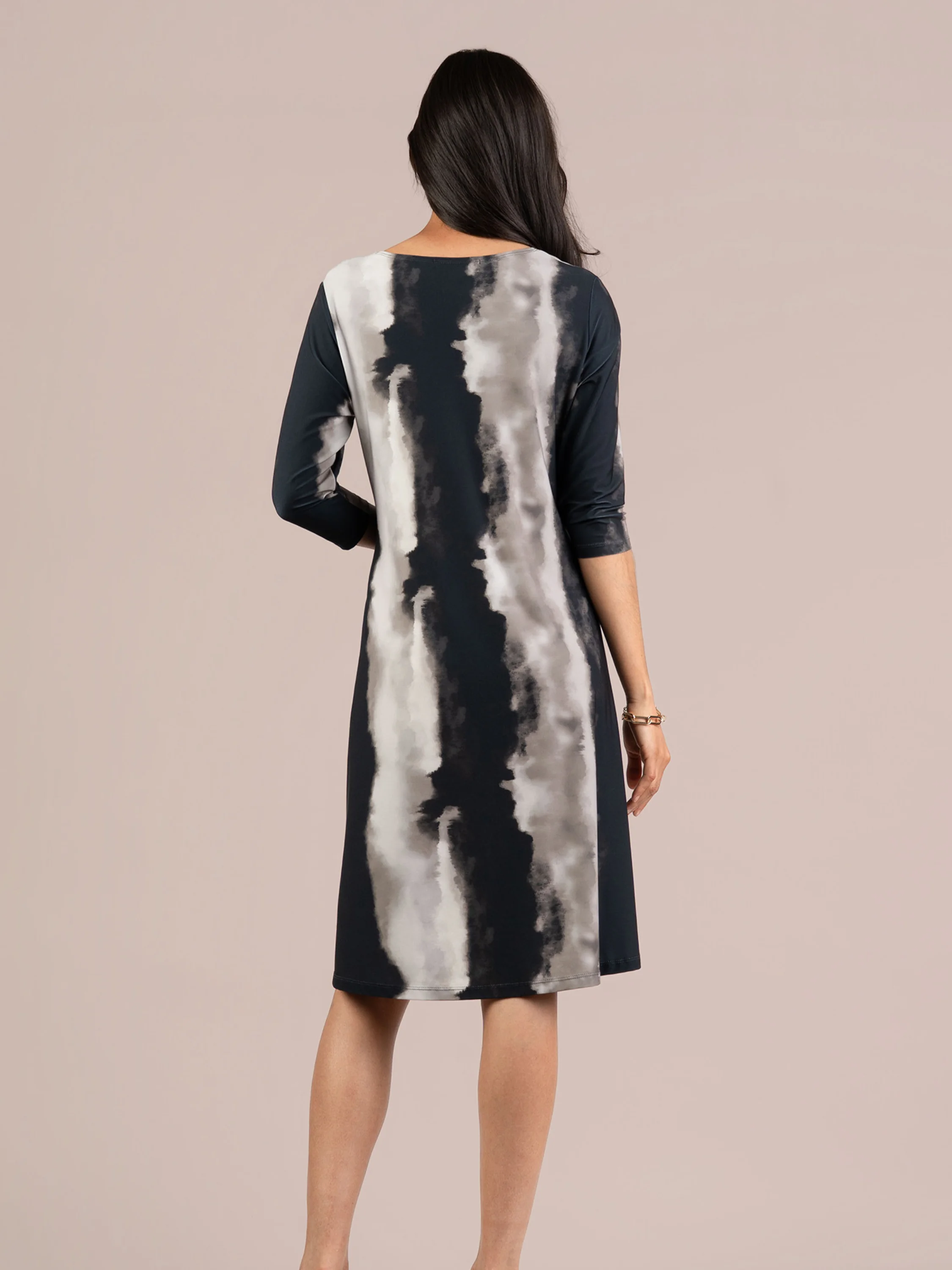 Go To Trapeze Dress 3/4 Sleeve in Graphite Watercolor