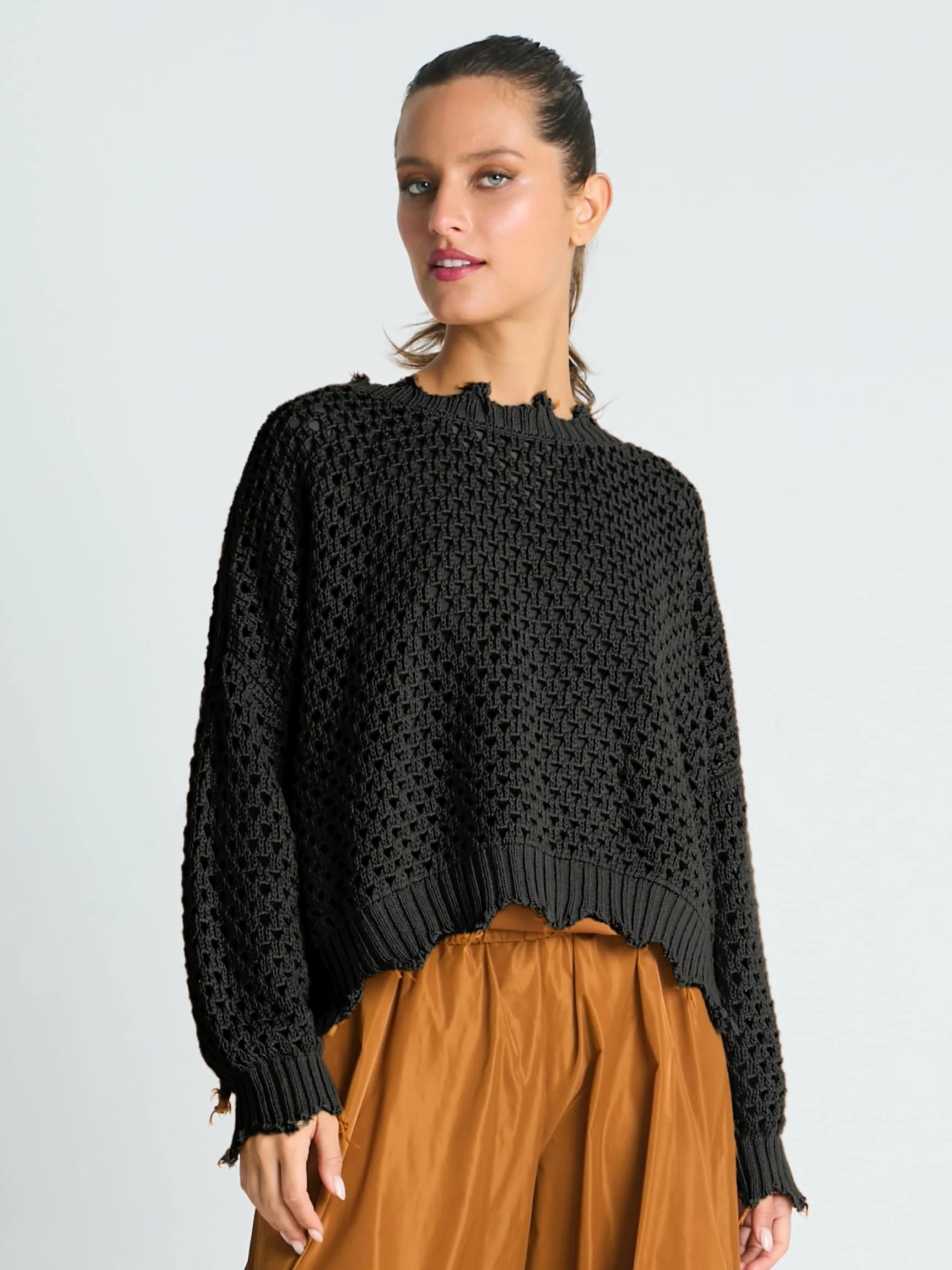 Hamptons Crewneck Crochet Sweater in Black