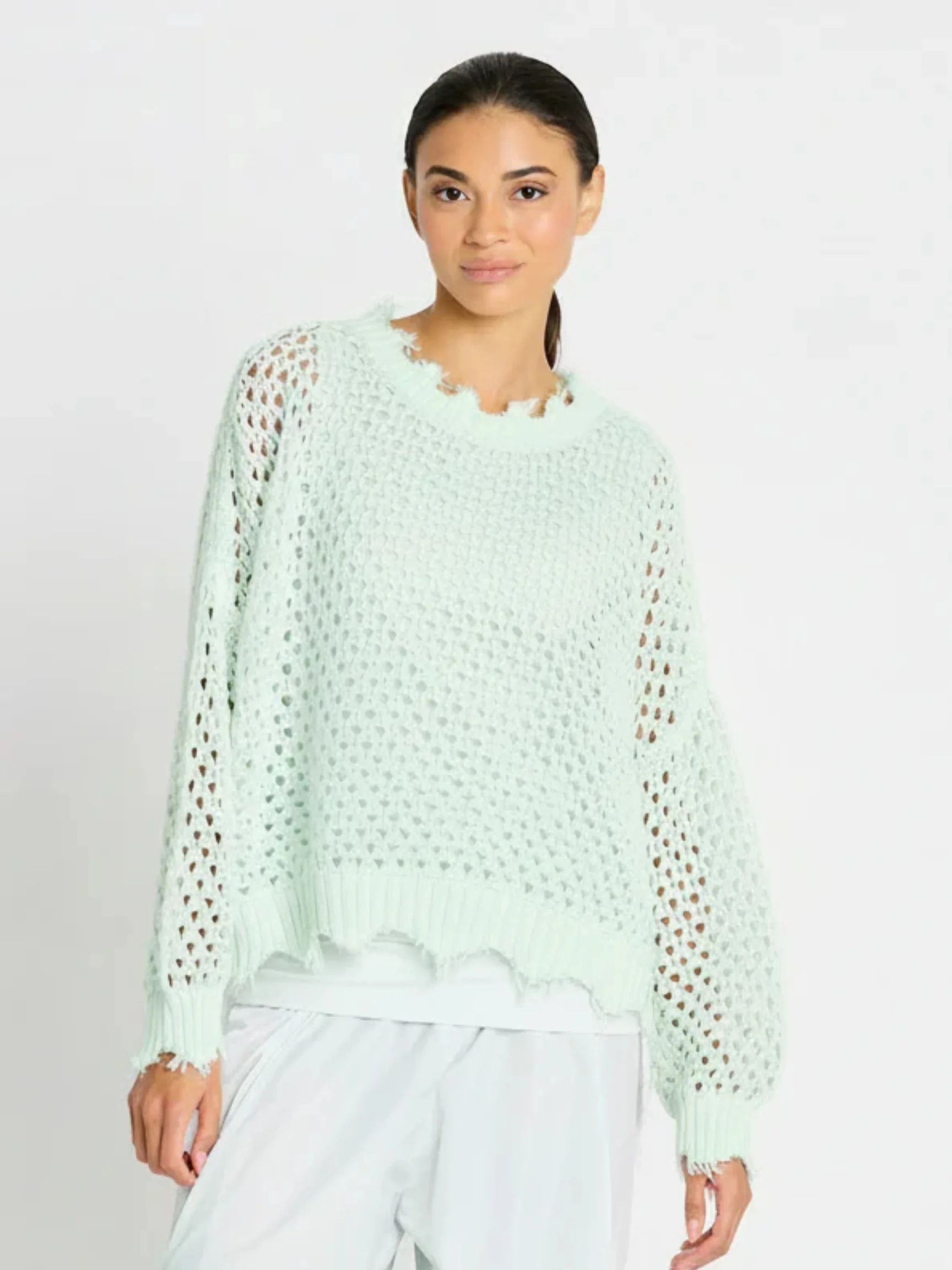 Hamptons Crewneck Crochet Sweater in Mint