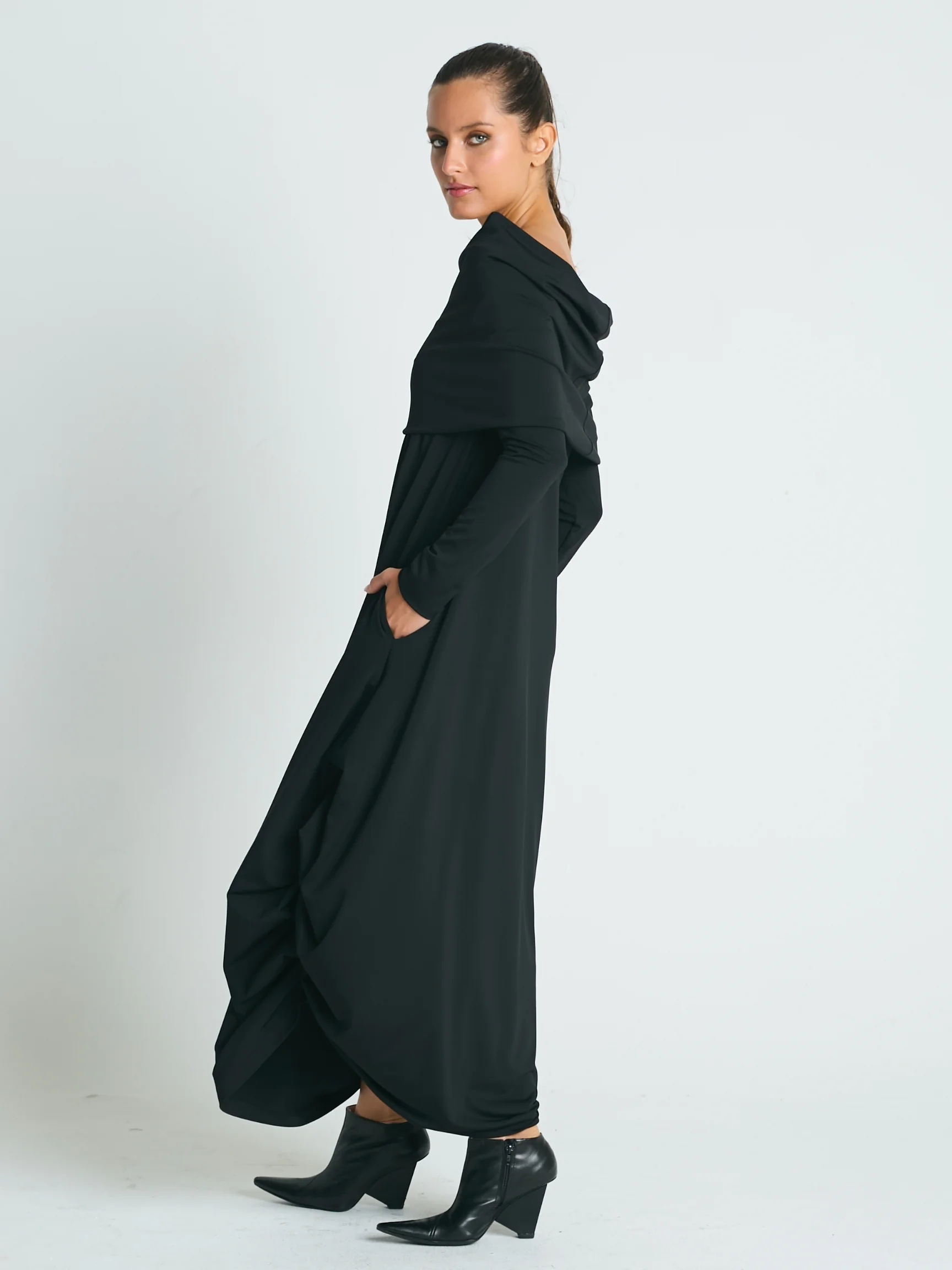 Matte Jersey Curtain Dress in Black