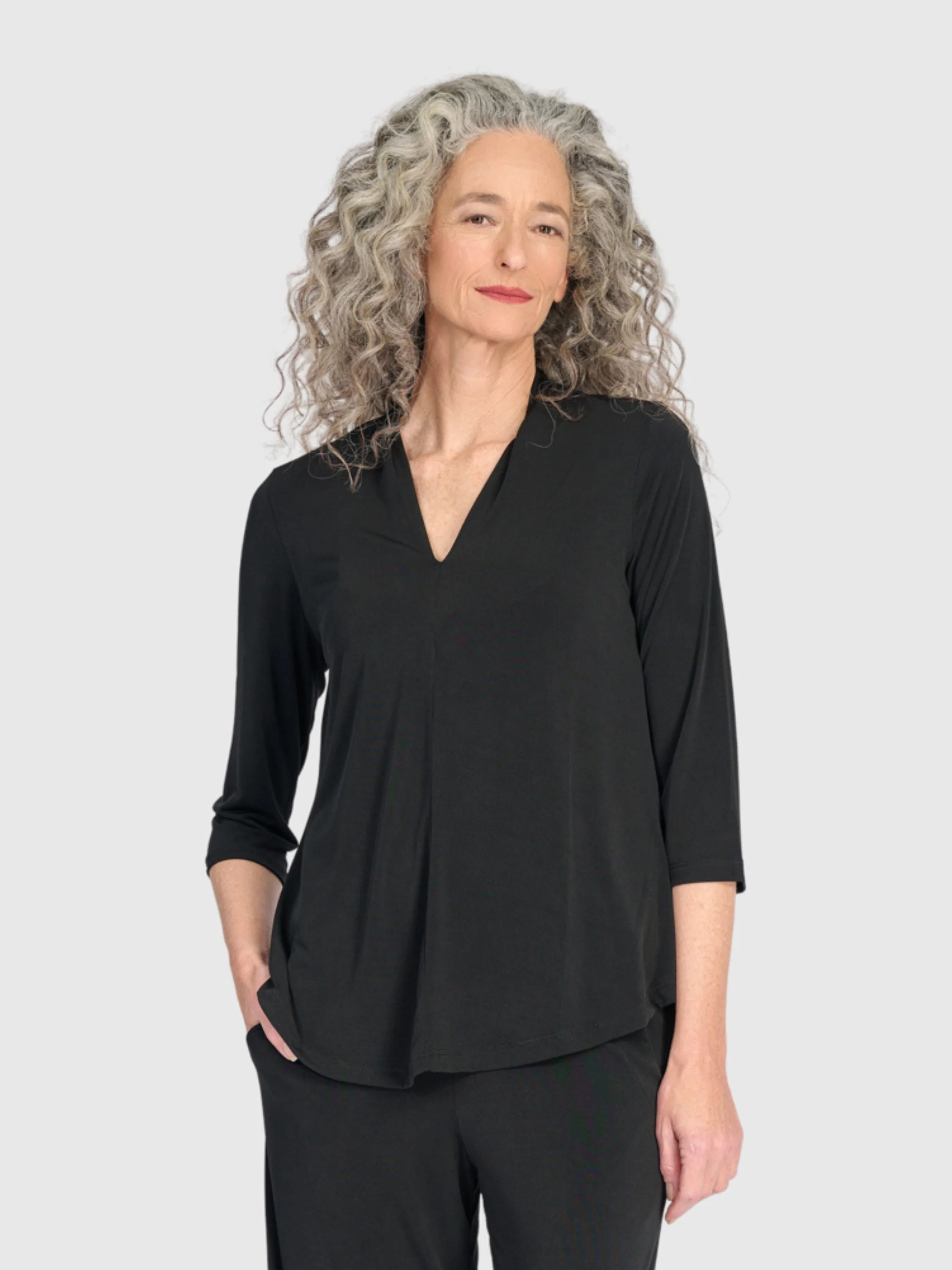Matte Jersey V-Neck Top in Black