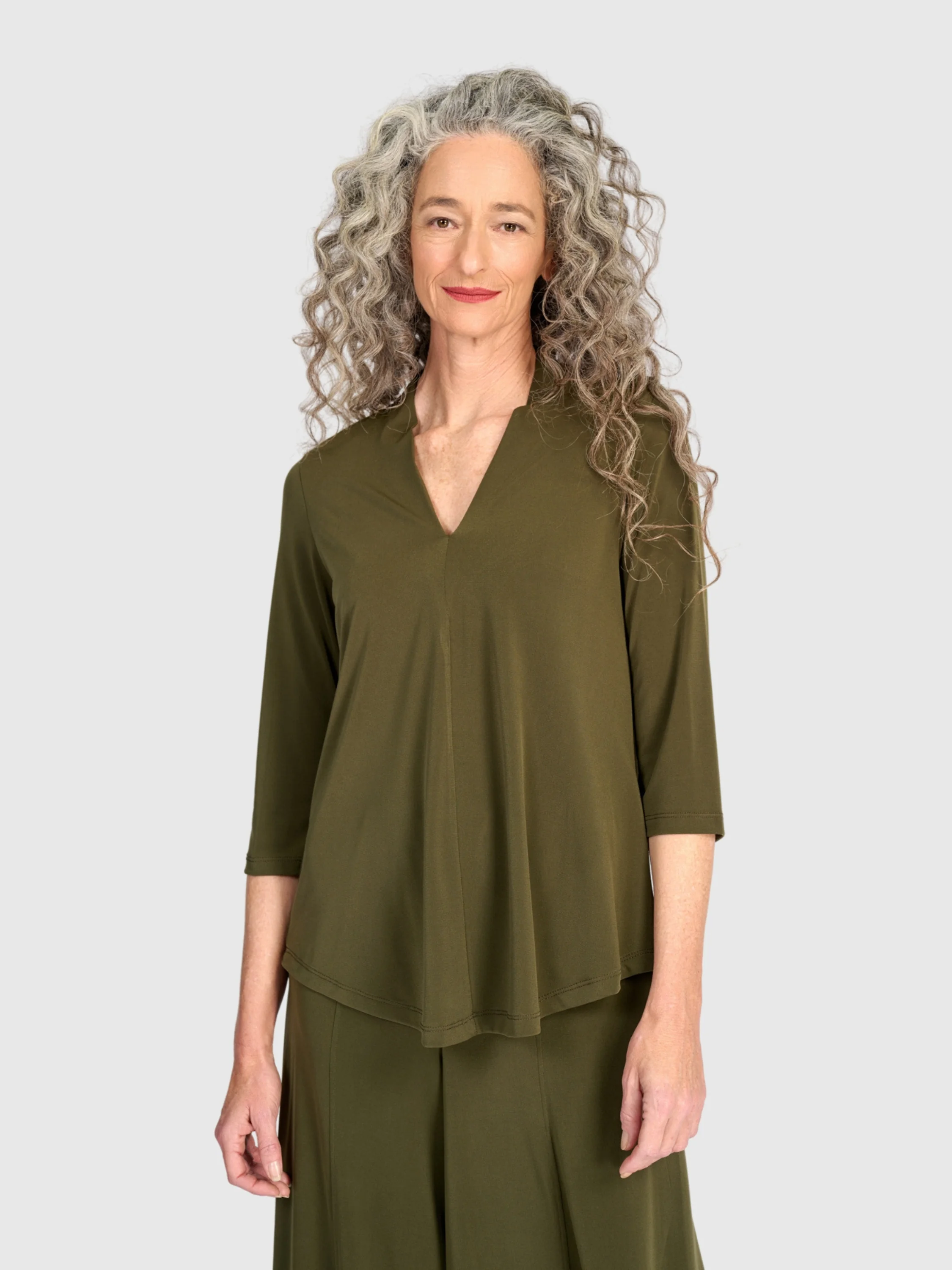 Matte Jersey V-Neck Top in Khaki