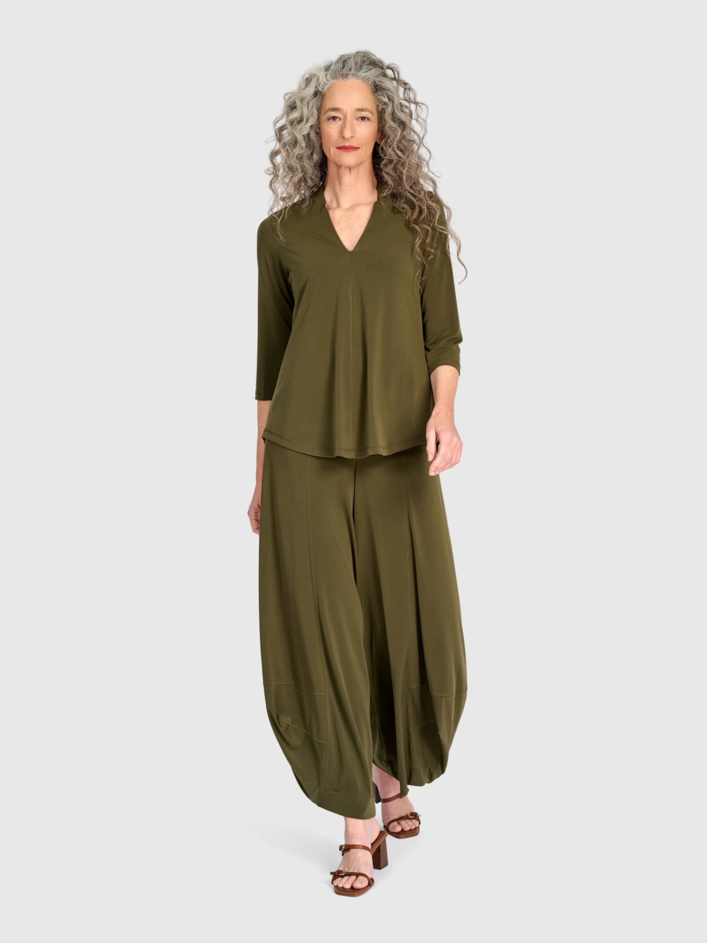 Matte Jersey V-Neck Top in Khaki