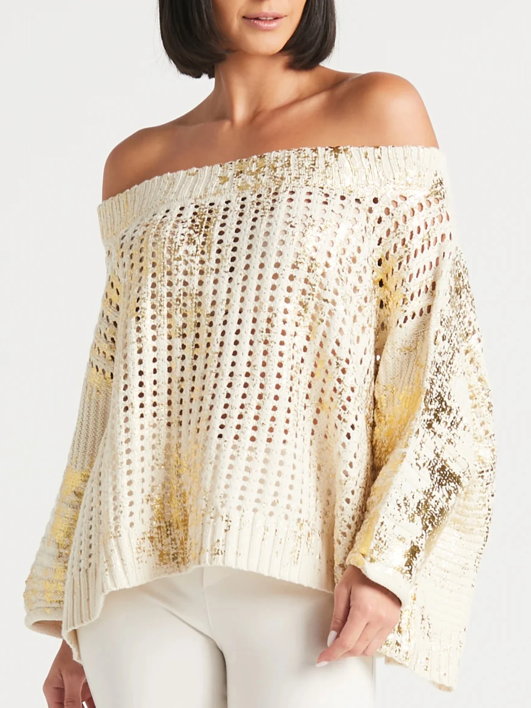 Metallic Crochet Boatneck Sweater in Stone/Gold