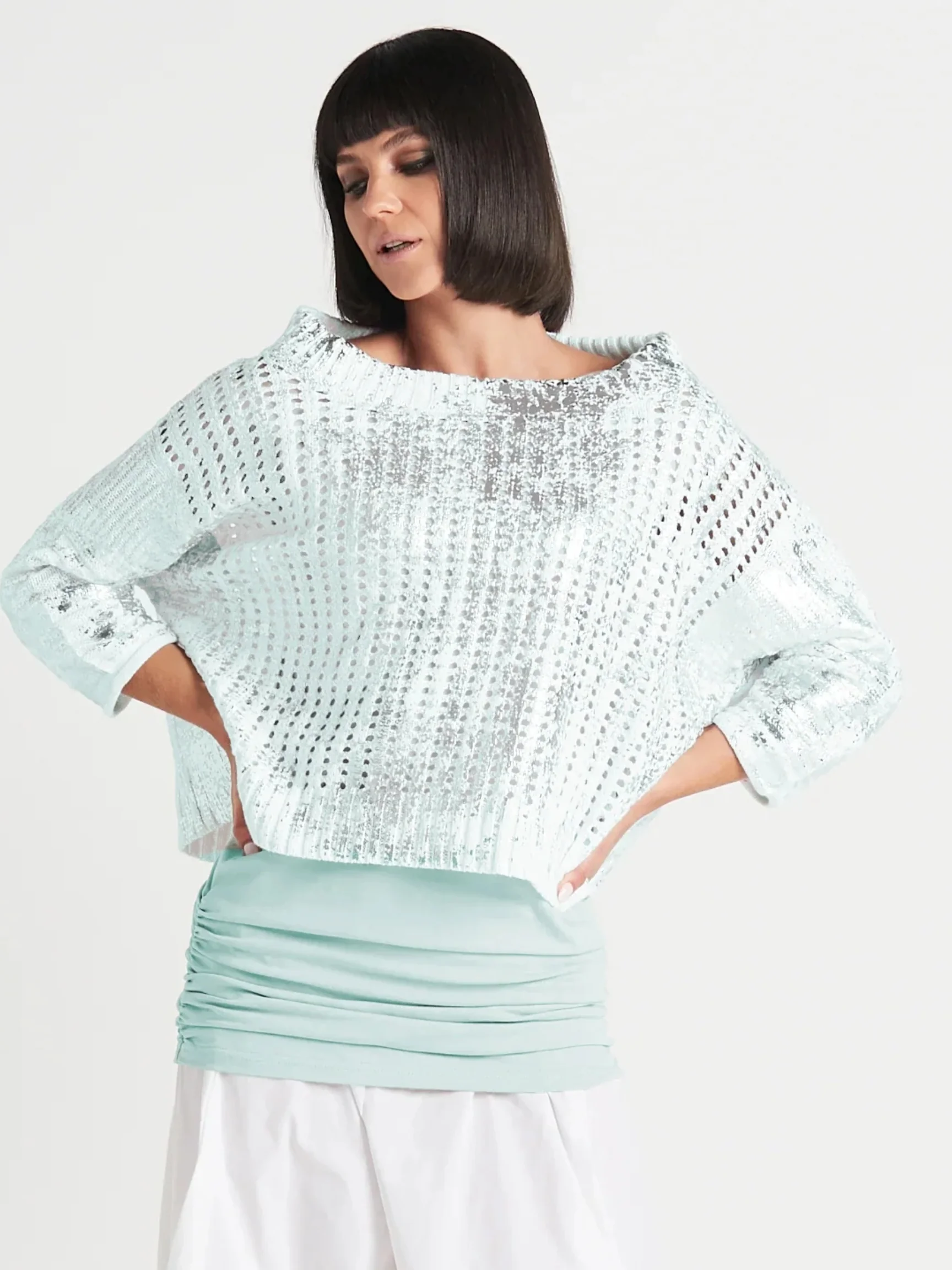 Metallic Crochet Boatneck Sweater in Mint/Silver