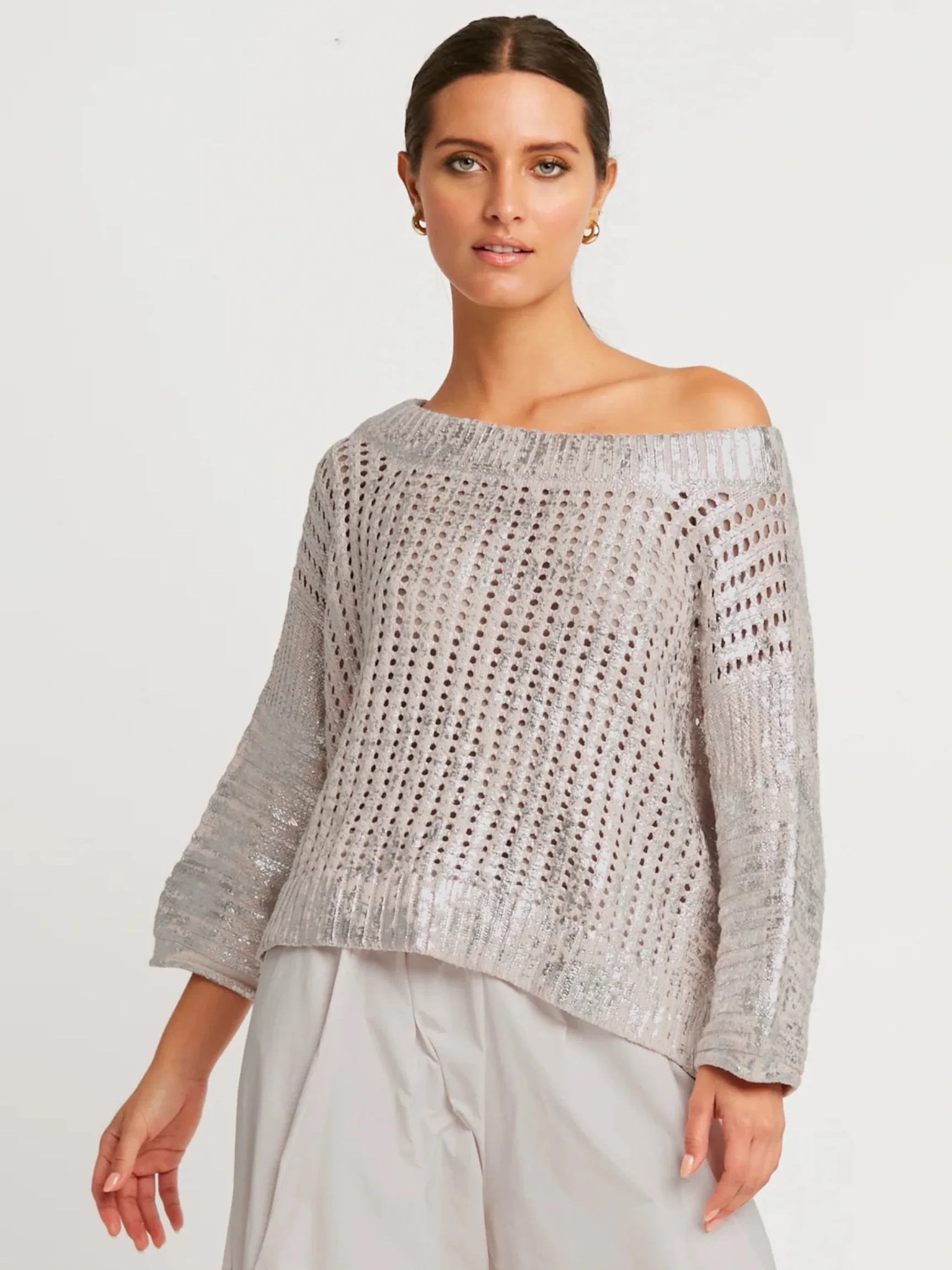 Metallic Crochet Boatneck Sweater in Putty/Silver