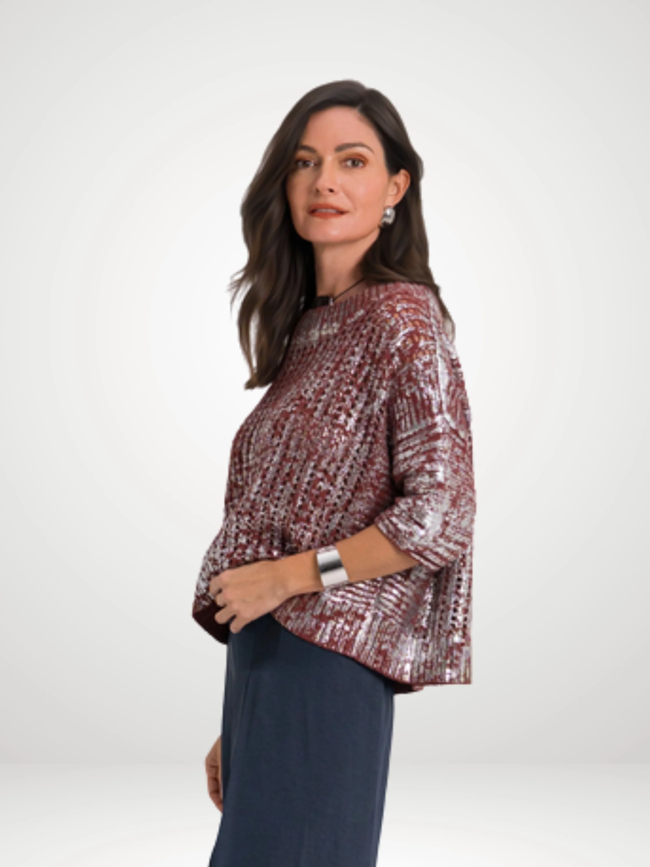 Metallic Crochet Boatneck Sweater in Henna/Silver