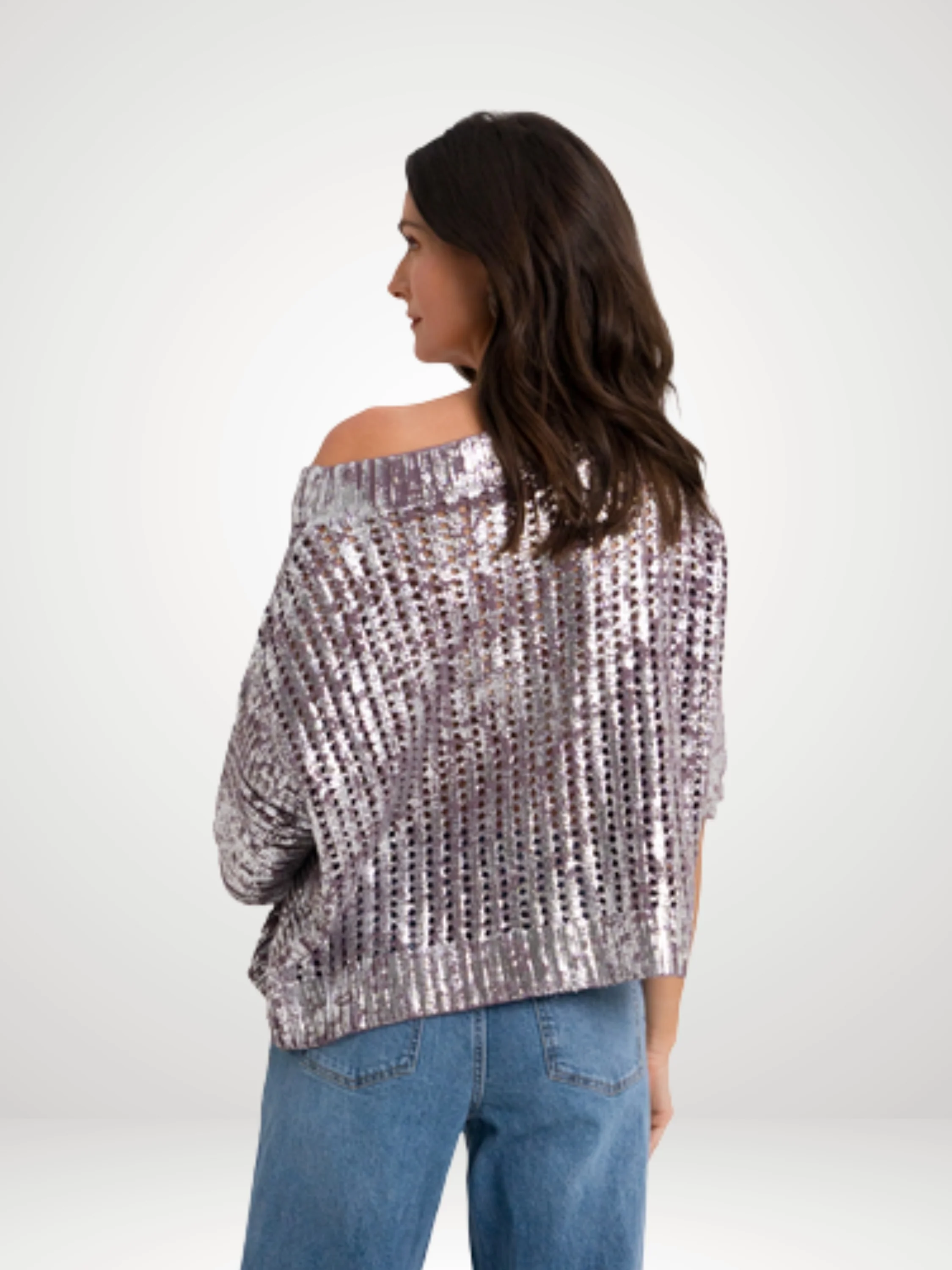 Metallic Crochet Boatneck Sweater in Amethyst/Silver