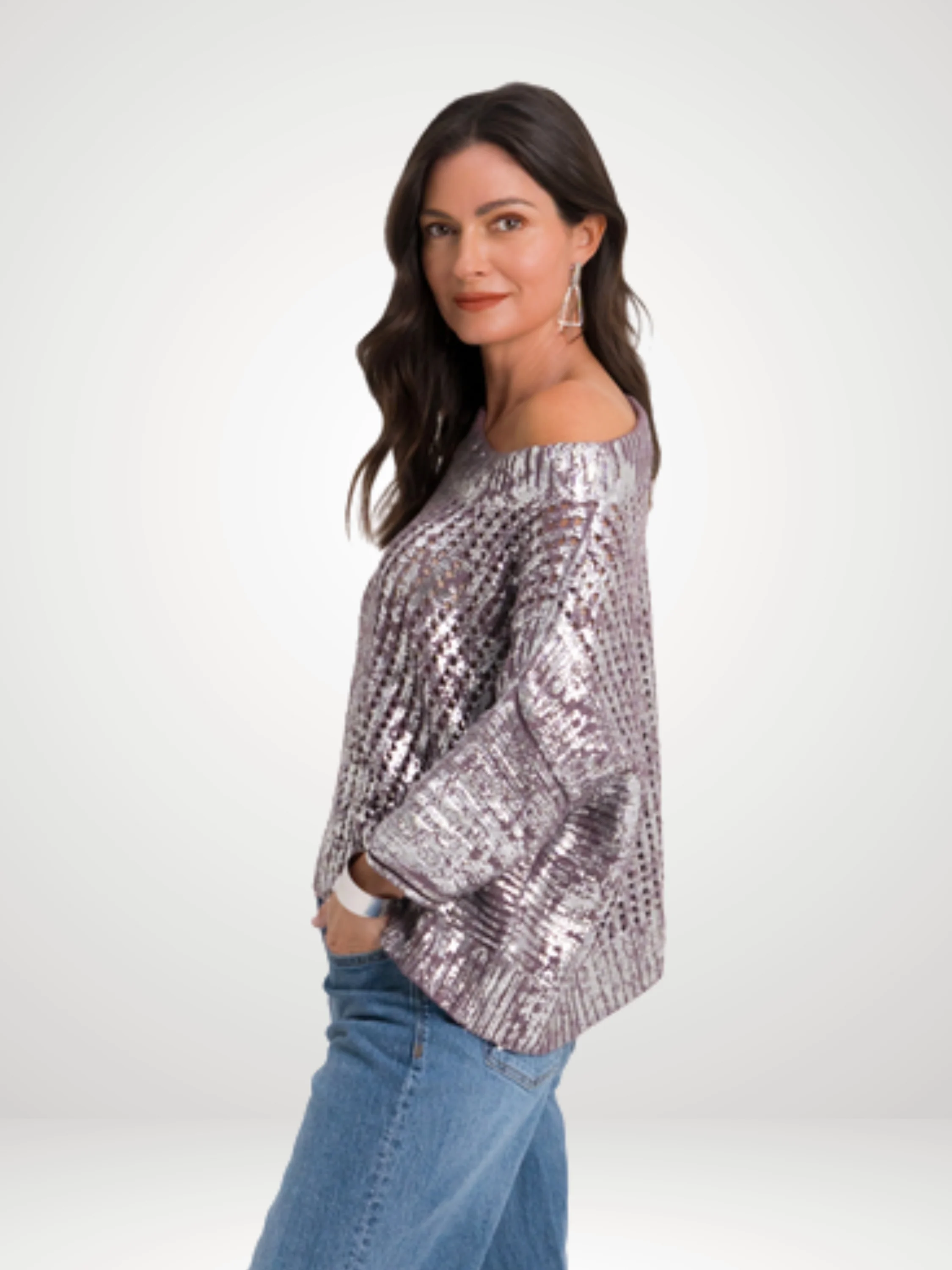 Metallic Crochet Boatneck Sweater in Amethyst/Silver