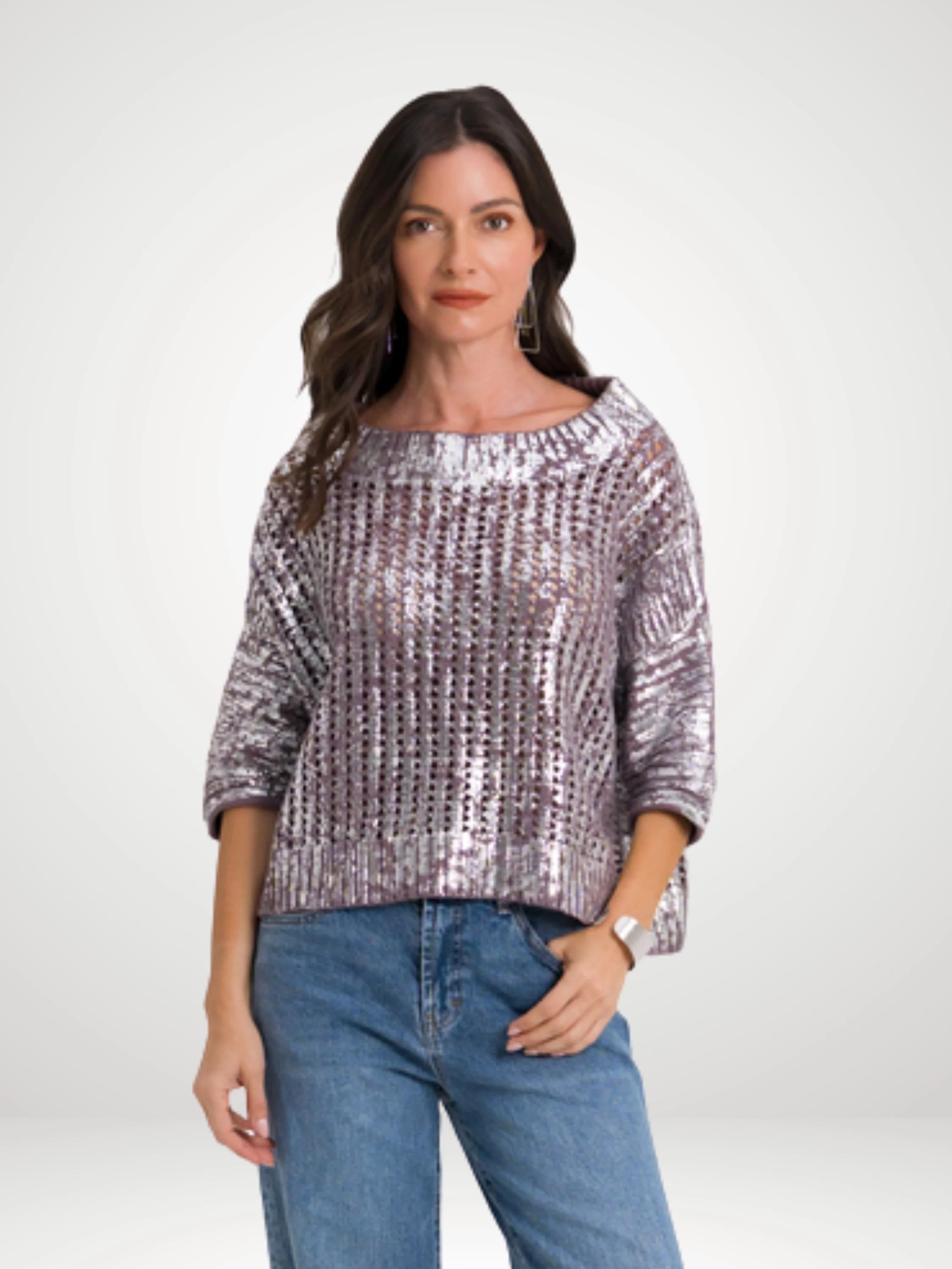 Metallic Crochet Boatneck Sweater in Amethyst/Silver