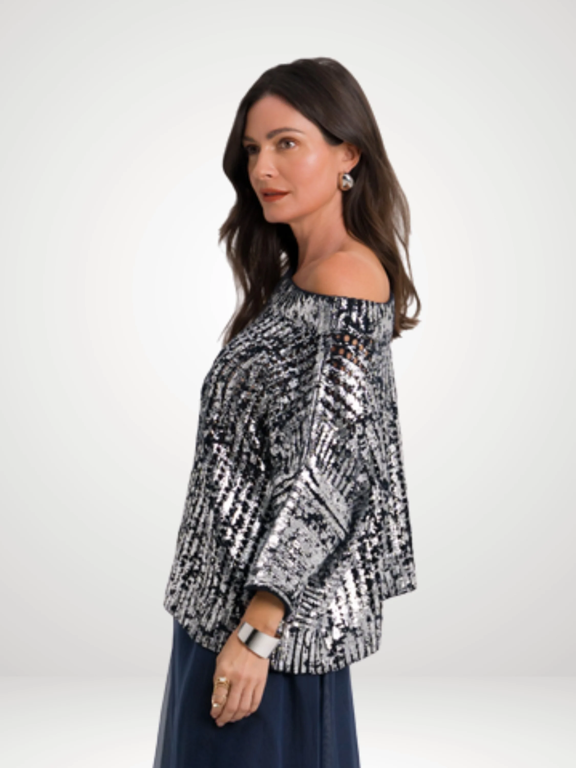 Metallic Crochet Boatneck Sweater in Midnight/Silver