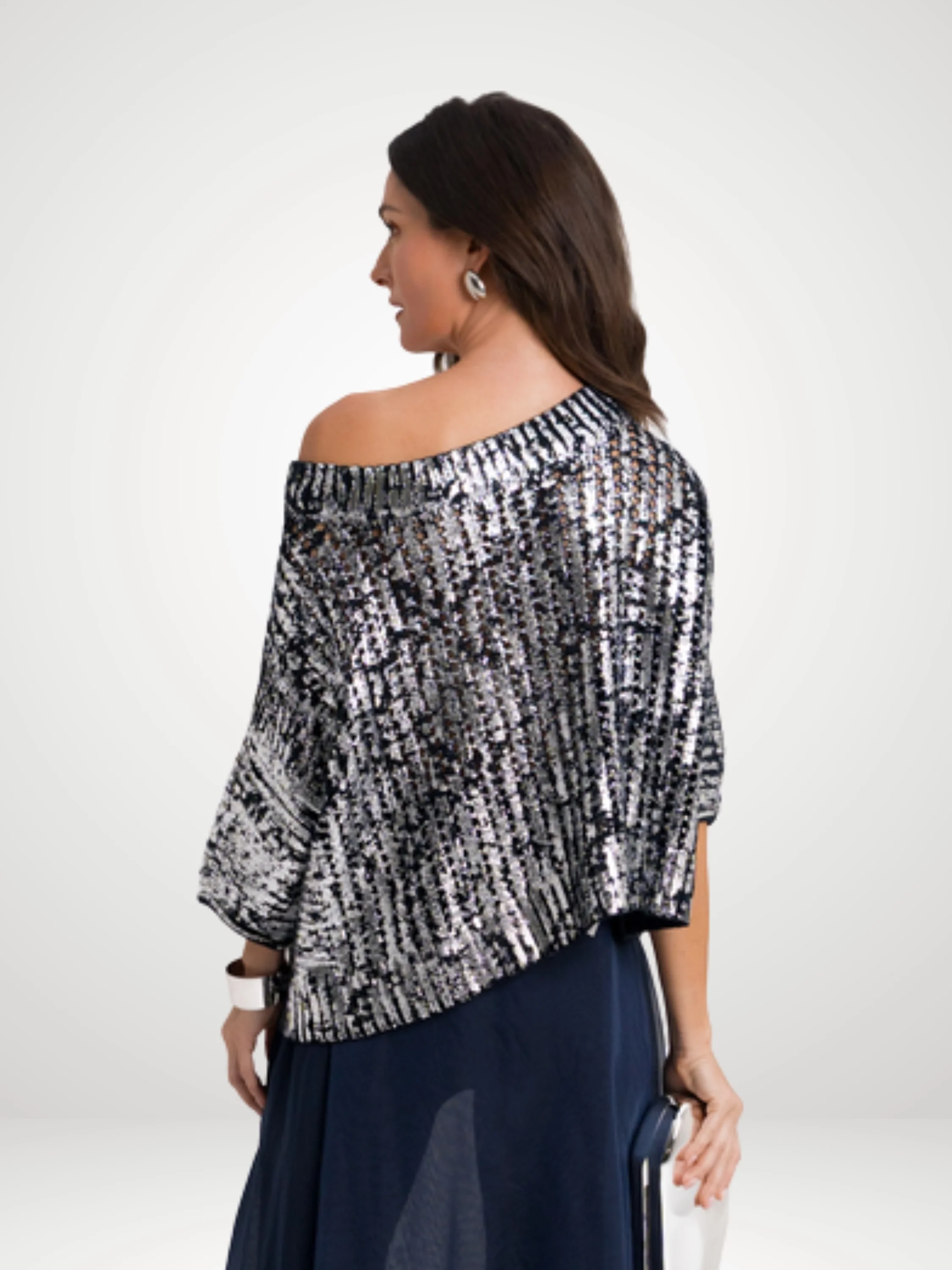 Metallic Crochet Boatneck Sweater in Midnight/Silver