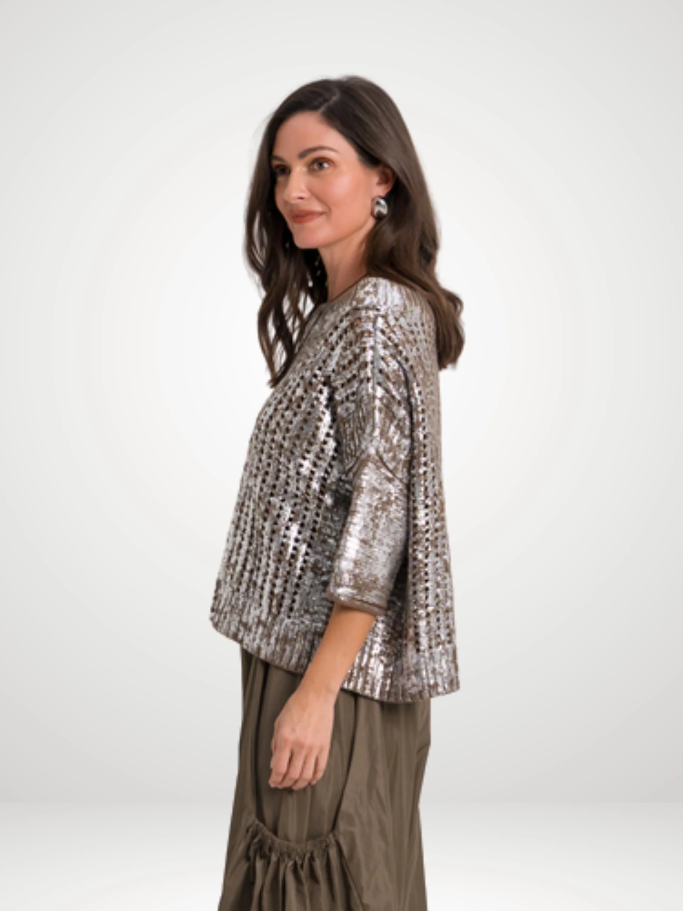 Metallic Crochet Boatneck Sweater in Turtle/Silver