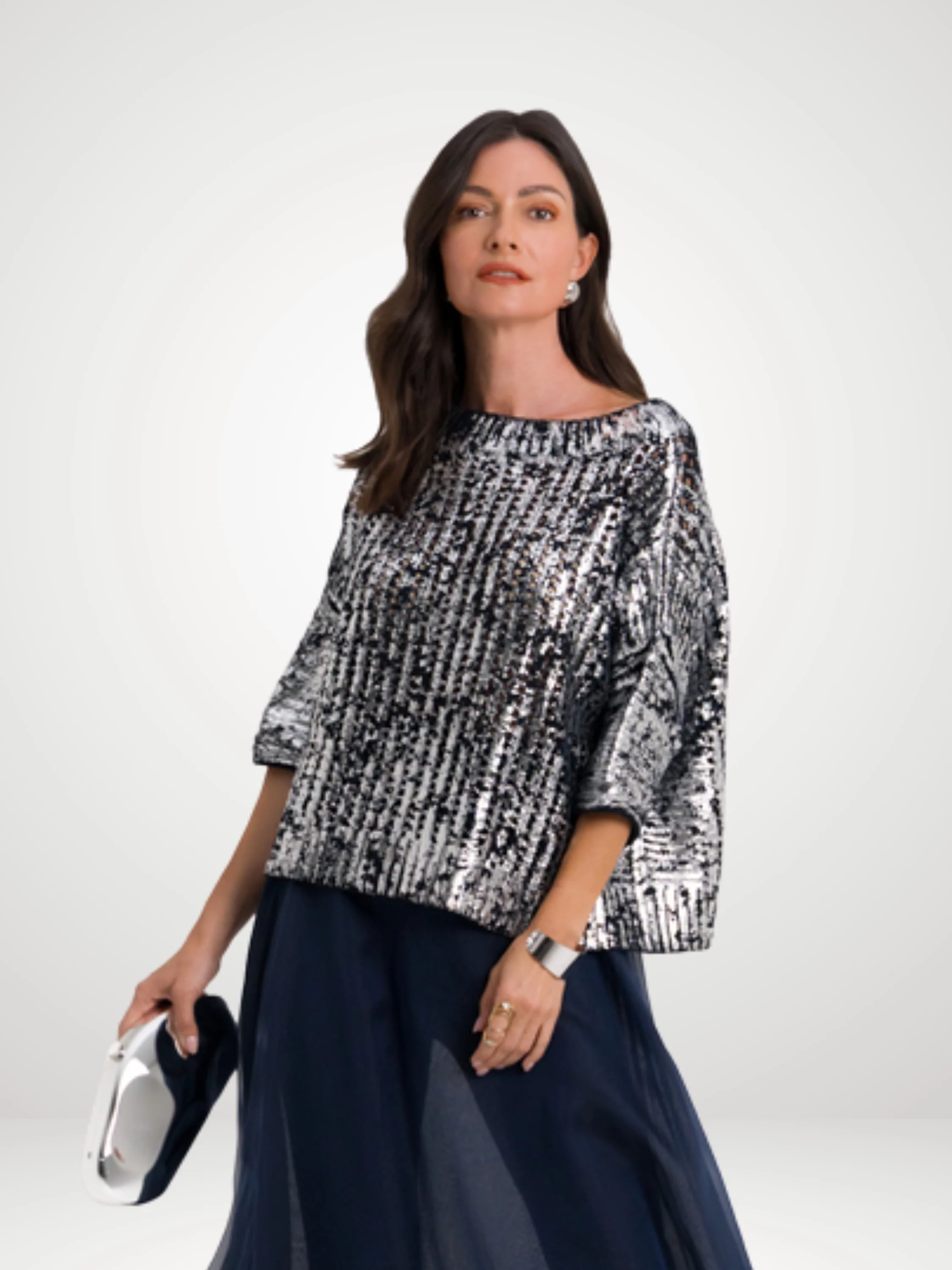 Metallic Crochet Boatneck Sweater in Midnight/Silver