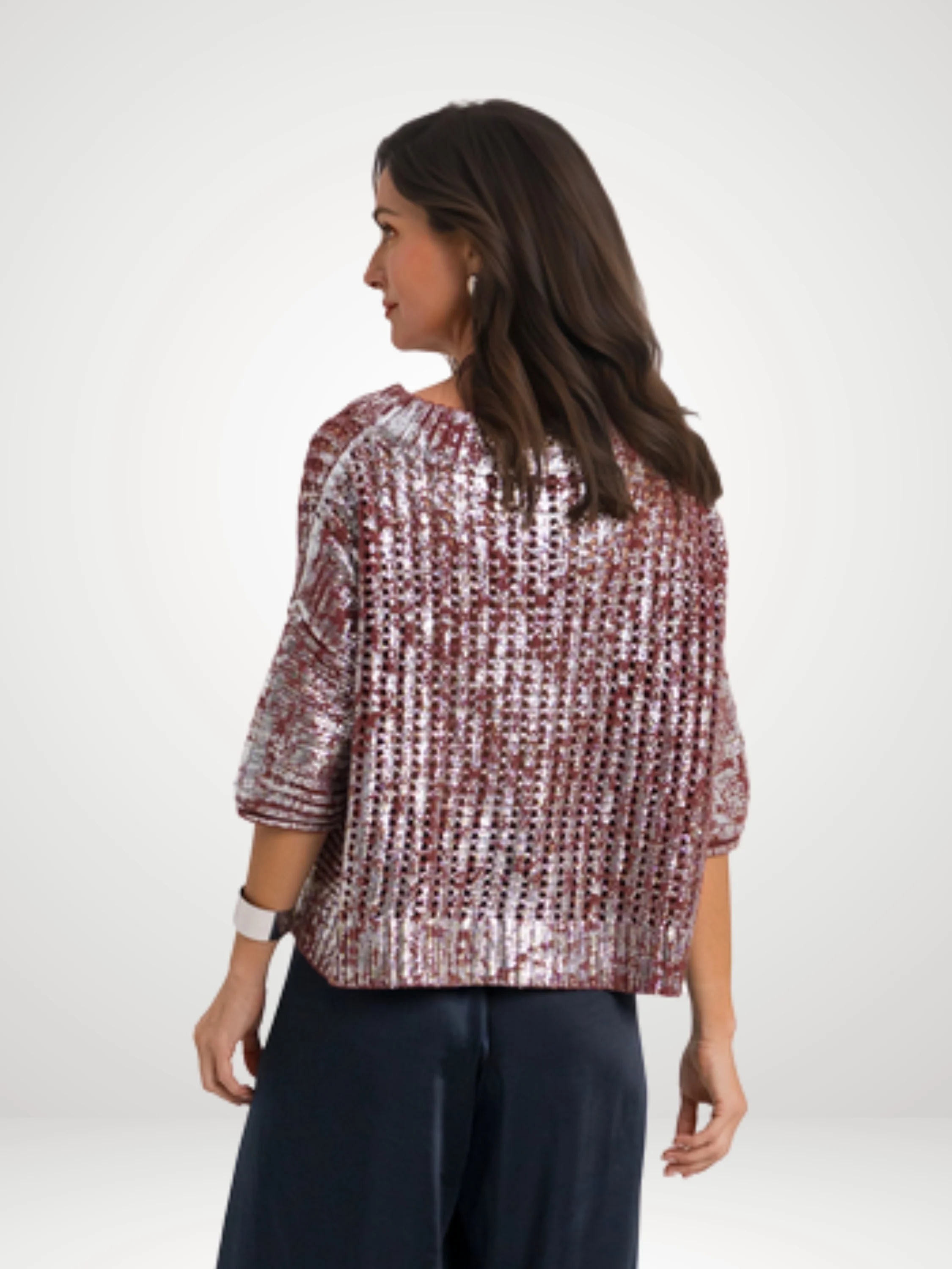 Metallic Crochet Boatneck Sweater in Henna/Silver