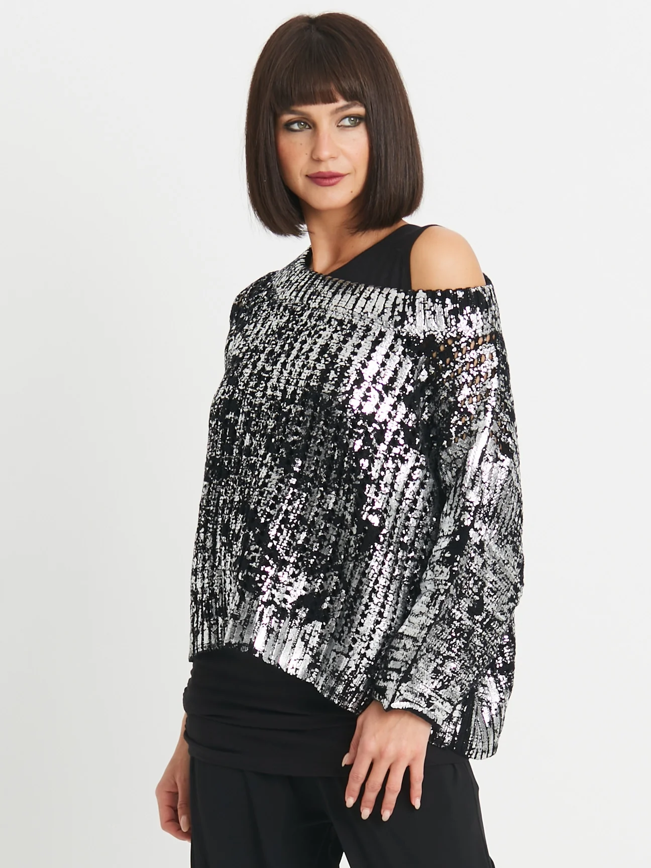 Metallic Crochet Boatneck Sweater in Black/Silver
