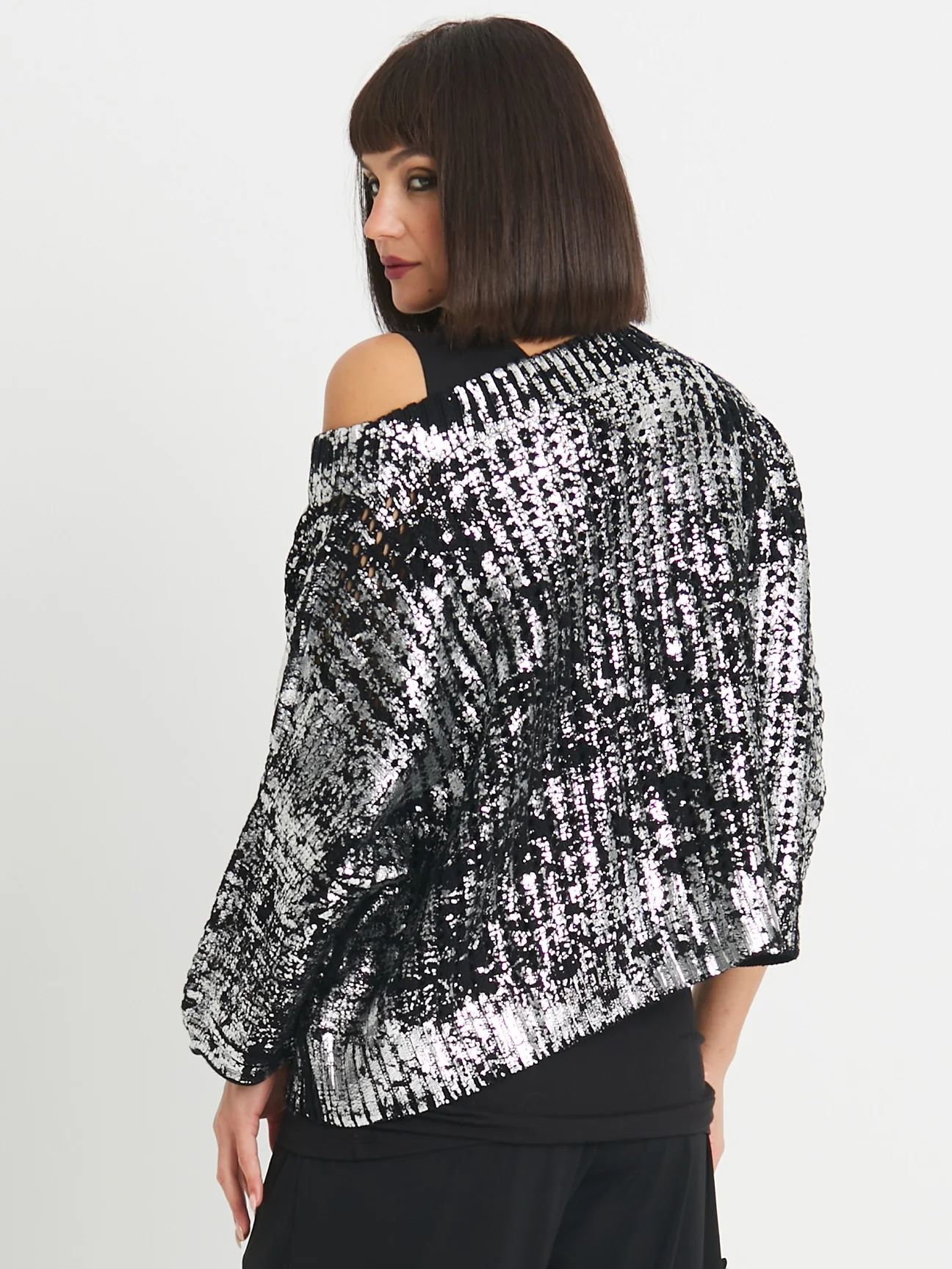 Metallic Crochet Boatneck Sweater in Black/Silver