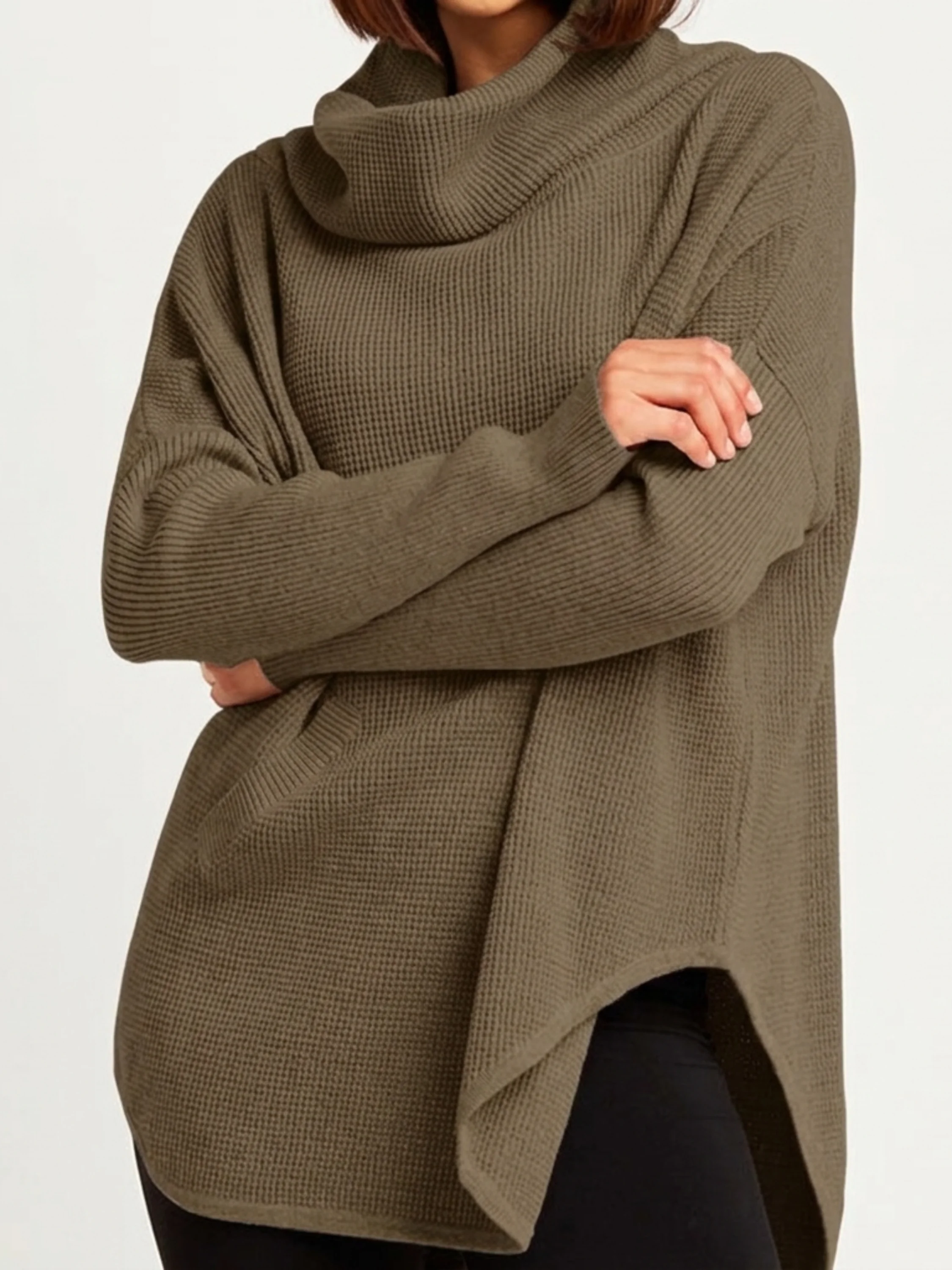 Pima Cotton Waffle Cowl Sweater in Turtle