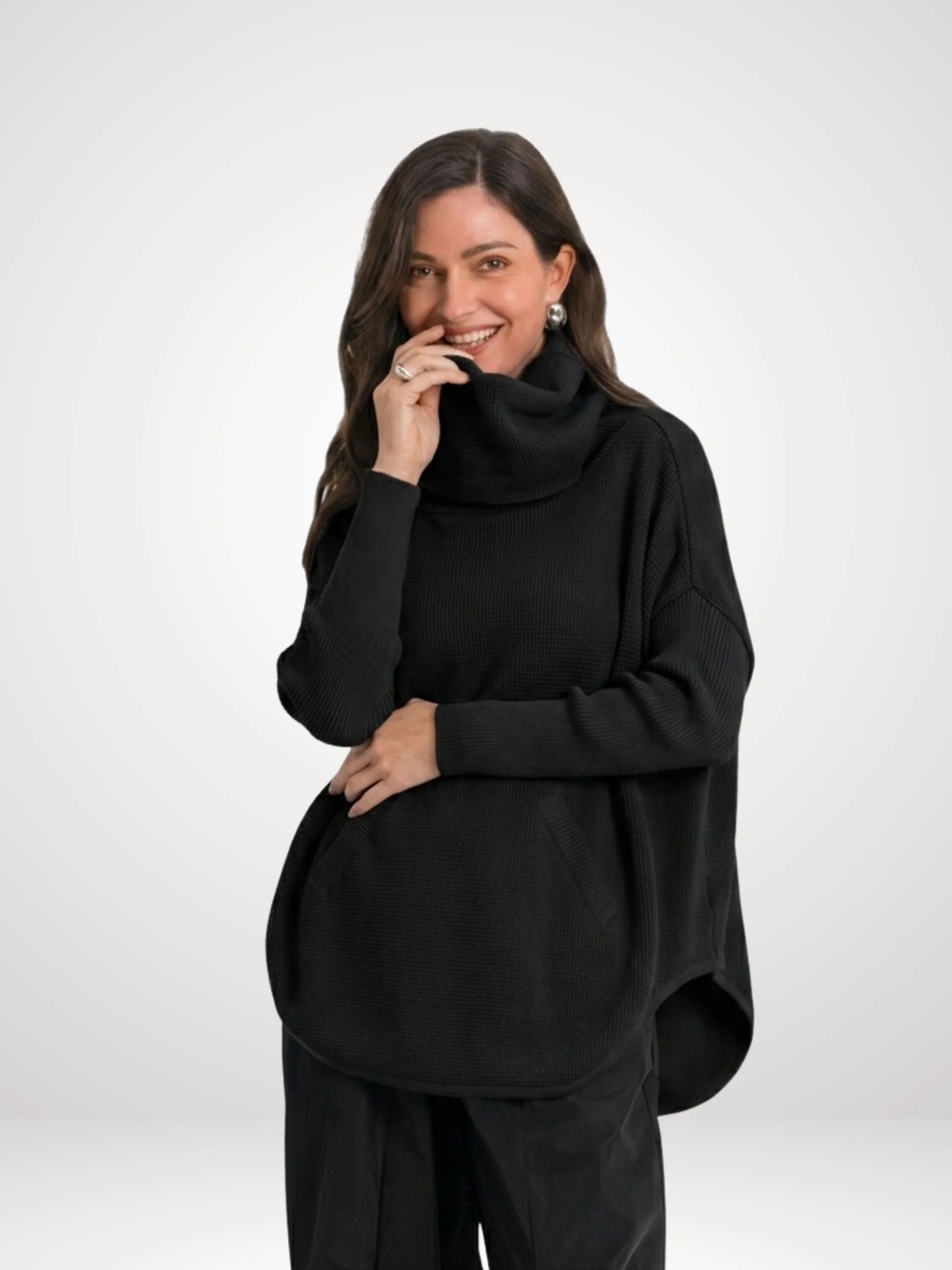 Pima Cotton Waffle Cowl Sweater in Black