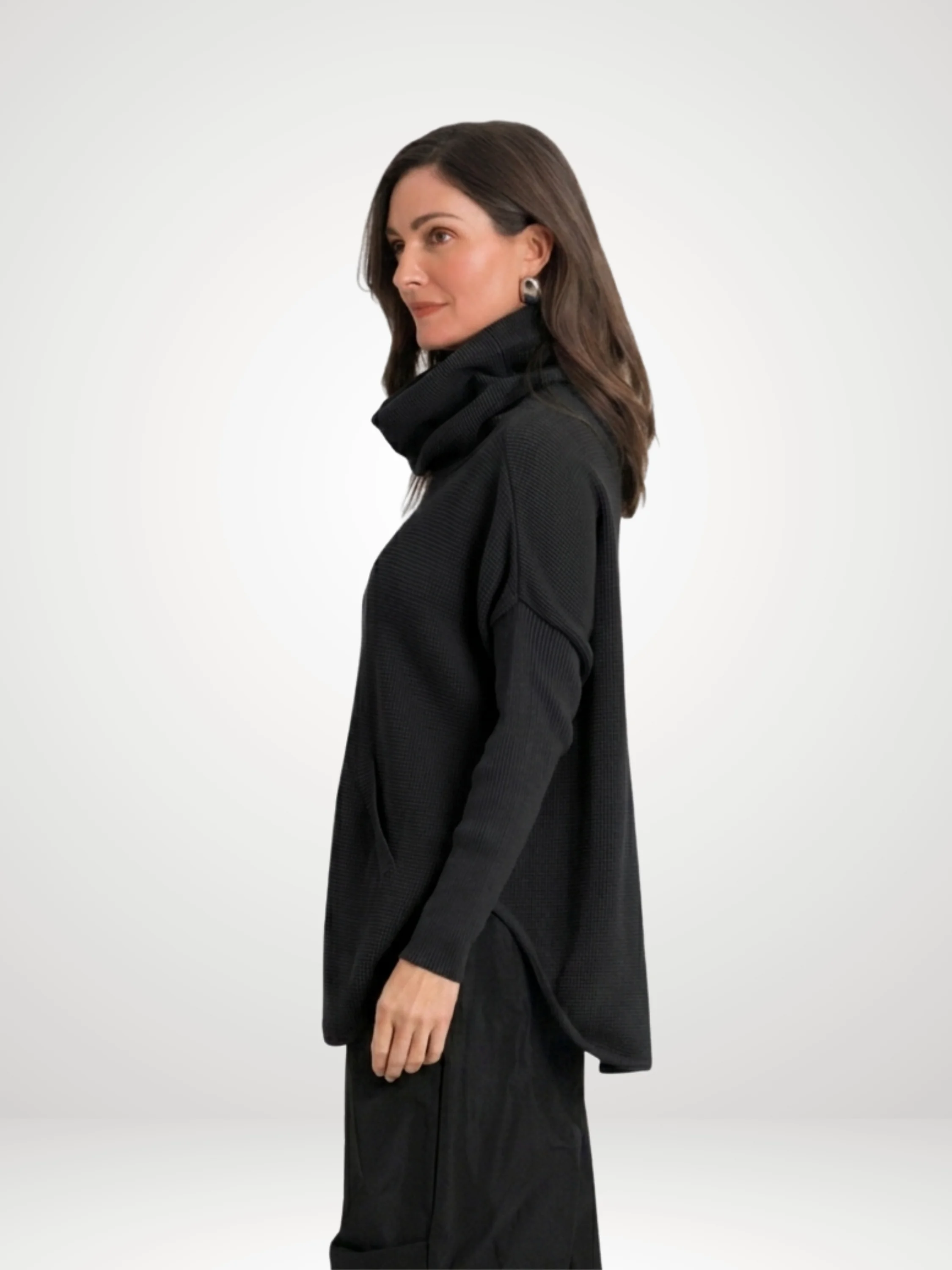 Pima Cotton Waffle Cowl Sweater in Black