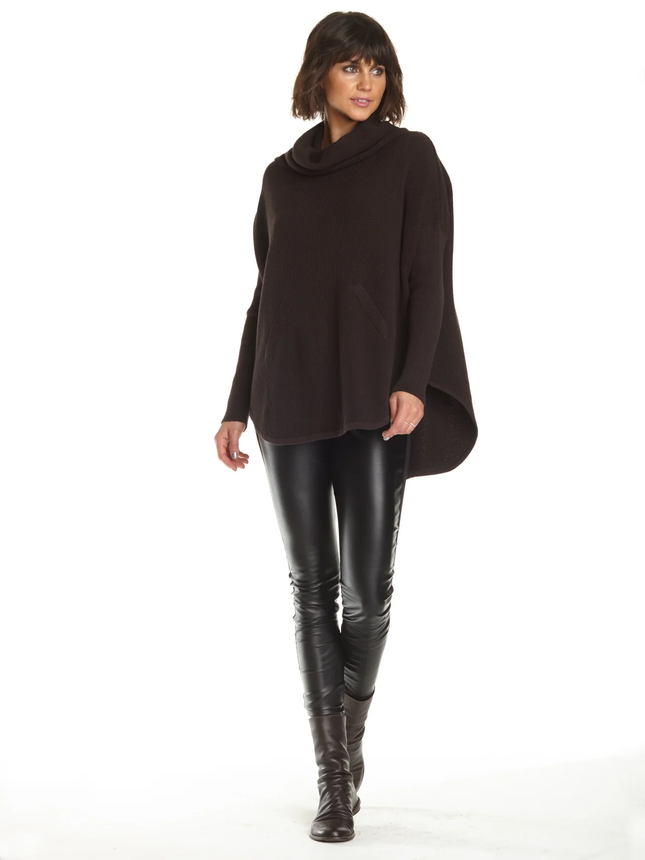 Pima Cotton Waffle Cowl Sweater in Black