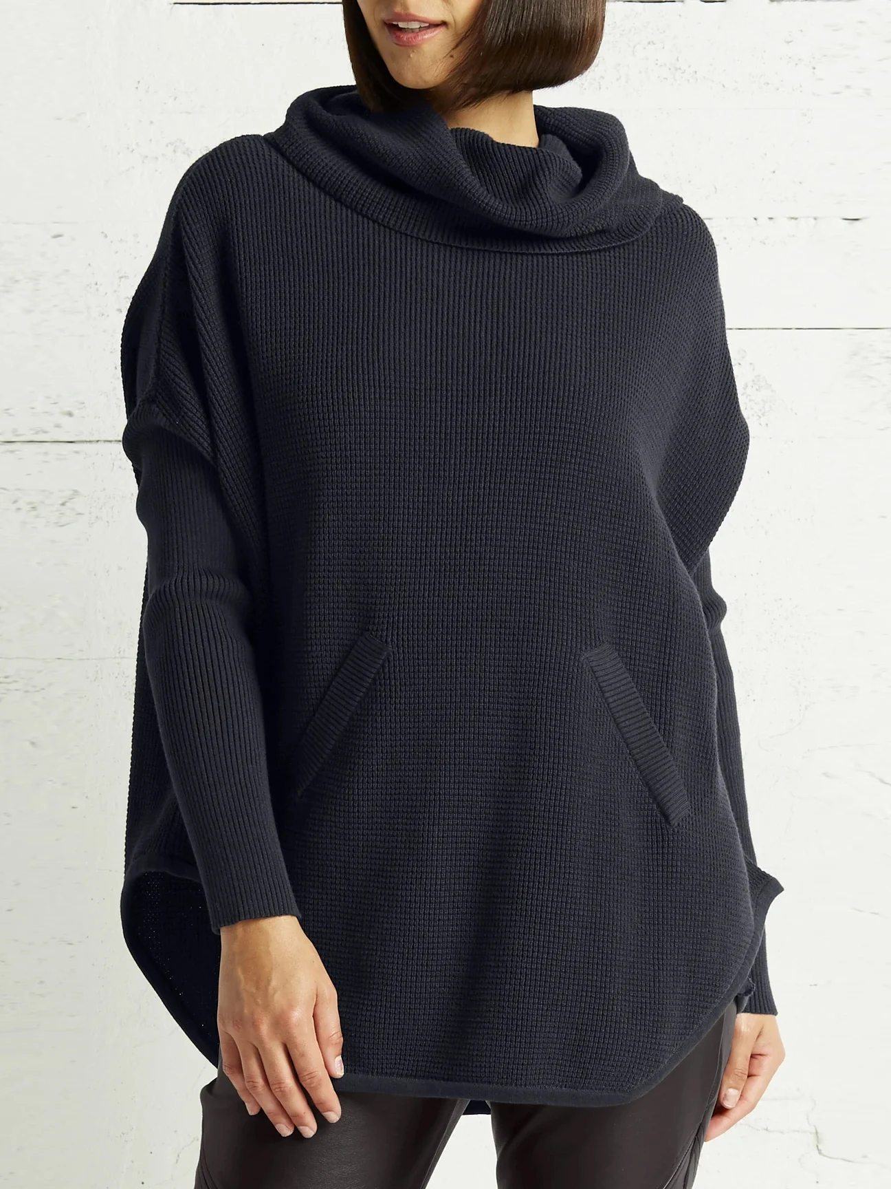 Pima Cotton Waffle Cowl Sweater in Midnight