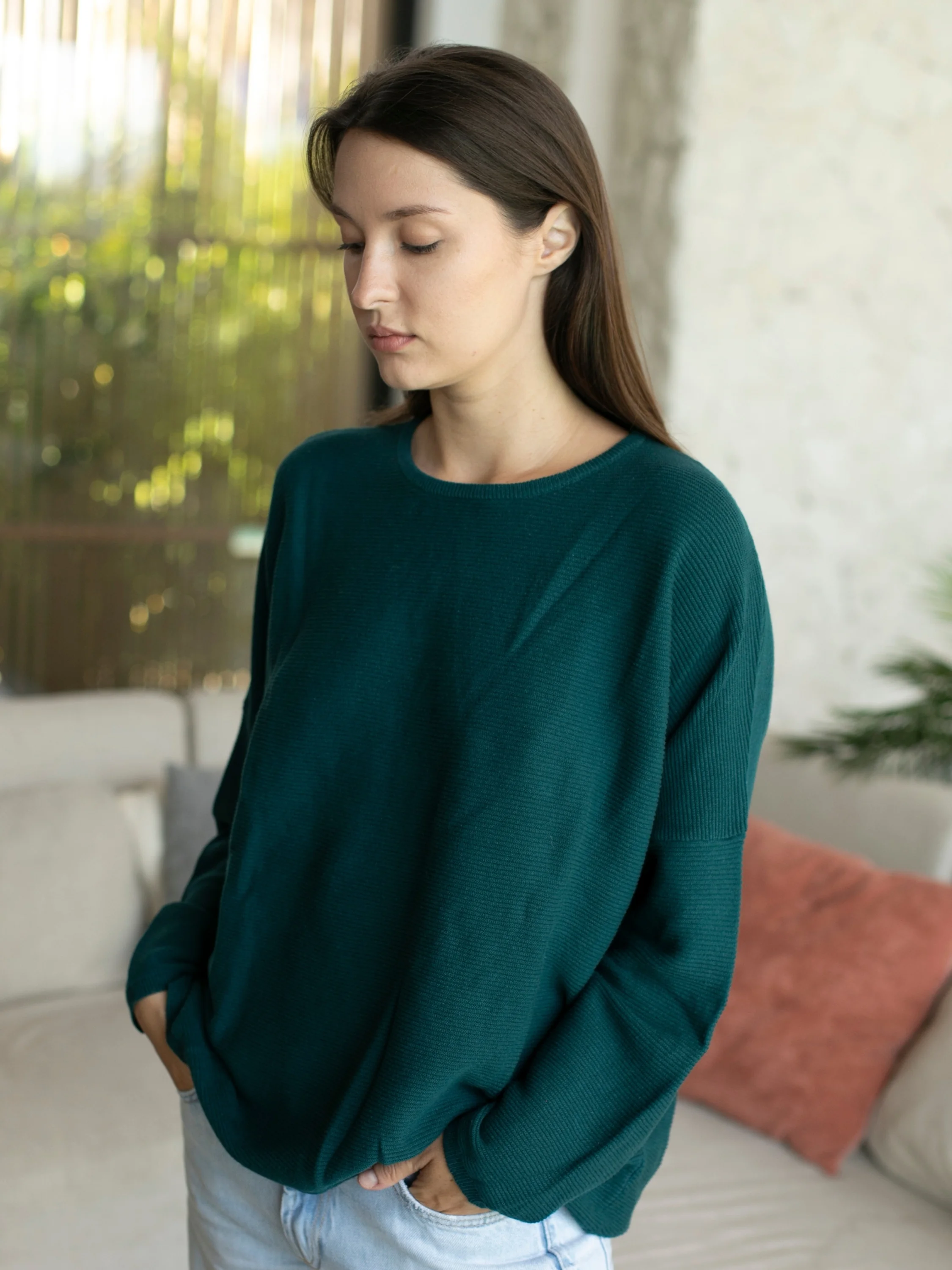 Sara Easy Rib Crew in Pacific Teal